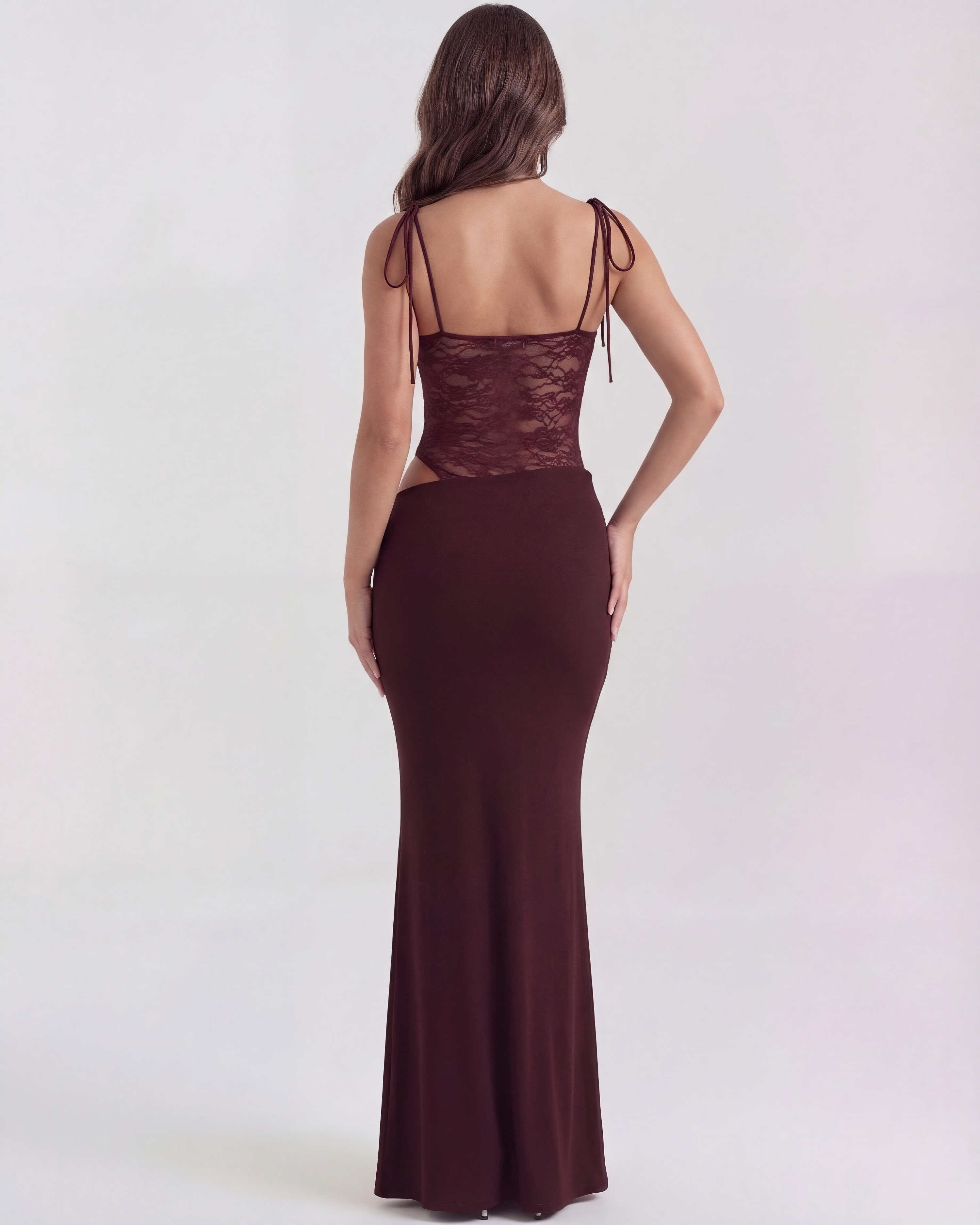 Valeria Lace Bodycon Maxi Evening Dress - Burgundy