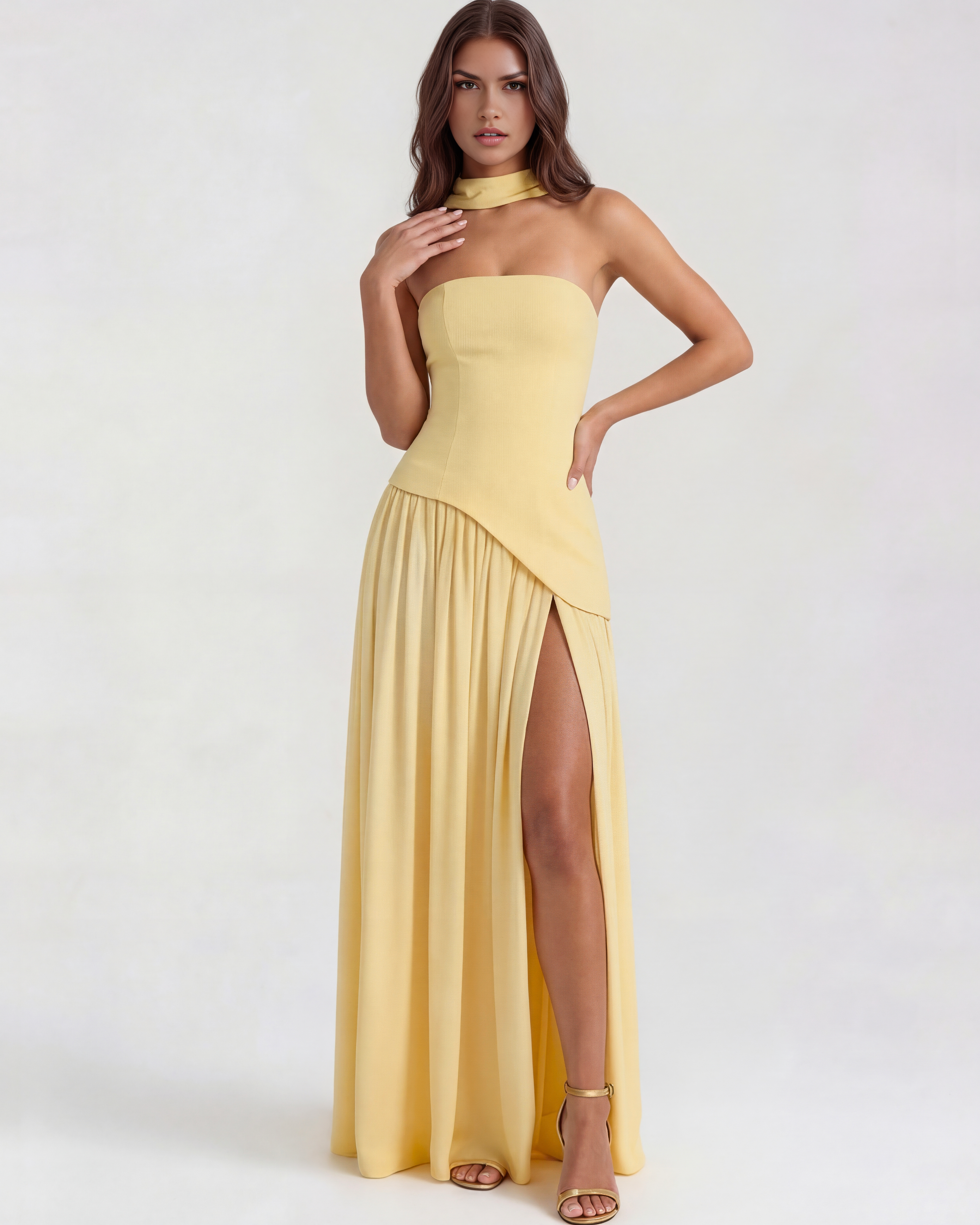 Serena Strapless Asymmetrical Maxi Wedding Guest Dress - Butter Yellow