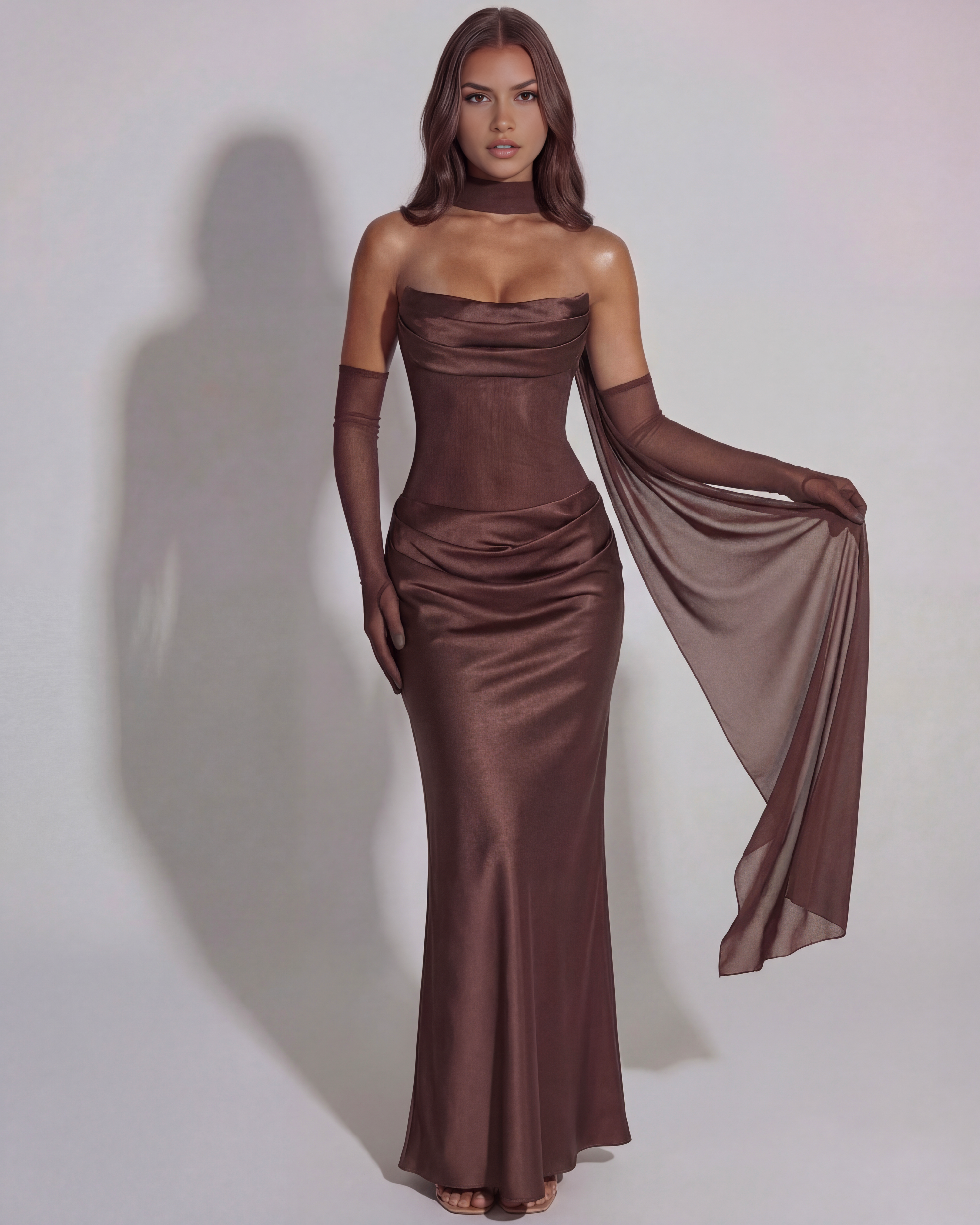 Vittoria Strapless Mesh Maxi Evening Dress - Brown