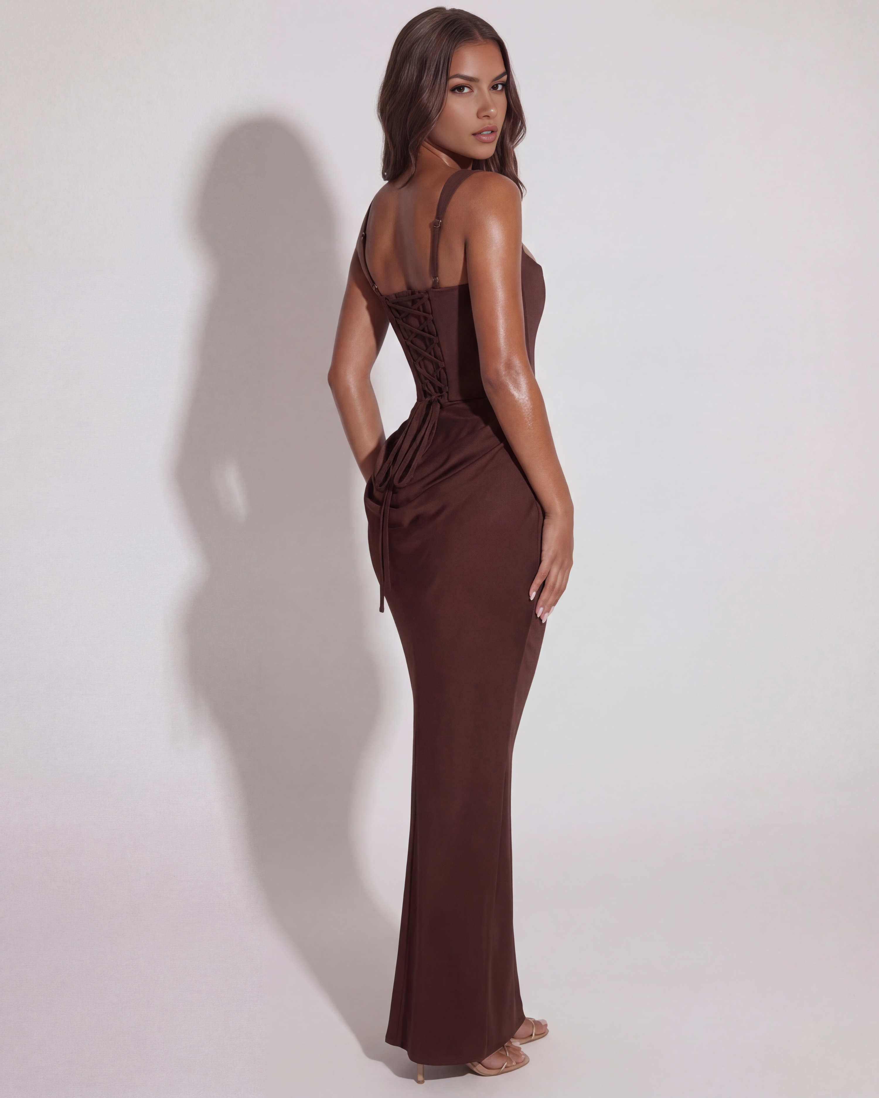 Eleonora Satin Maxi Evening Dress - Deep Brown