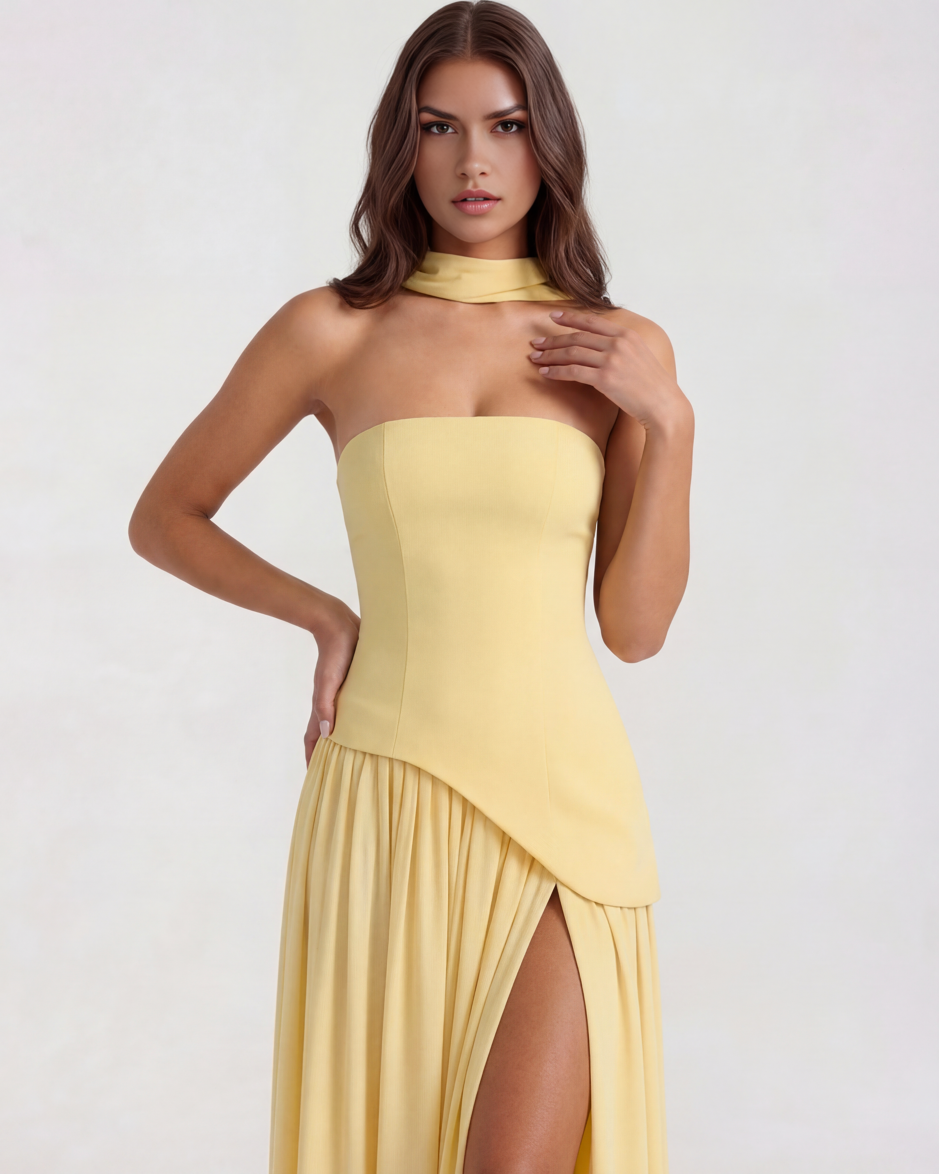 Serena Strapless Asymmetrical Maxi Wedding Guest Dress - Butter Yellow