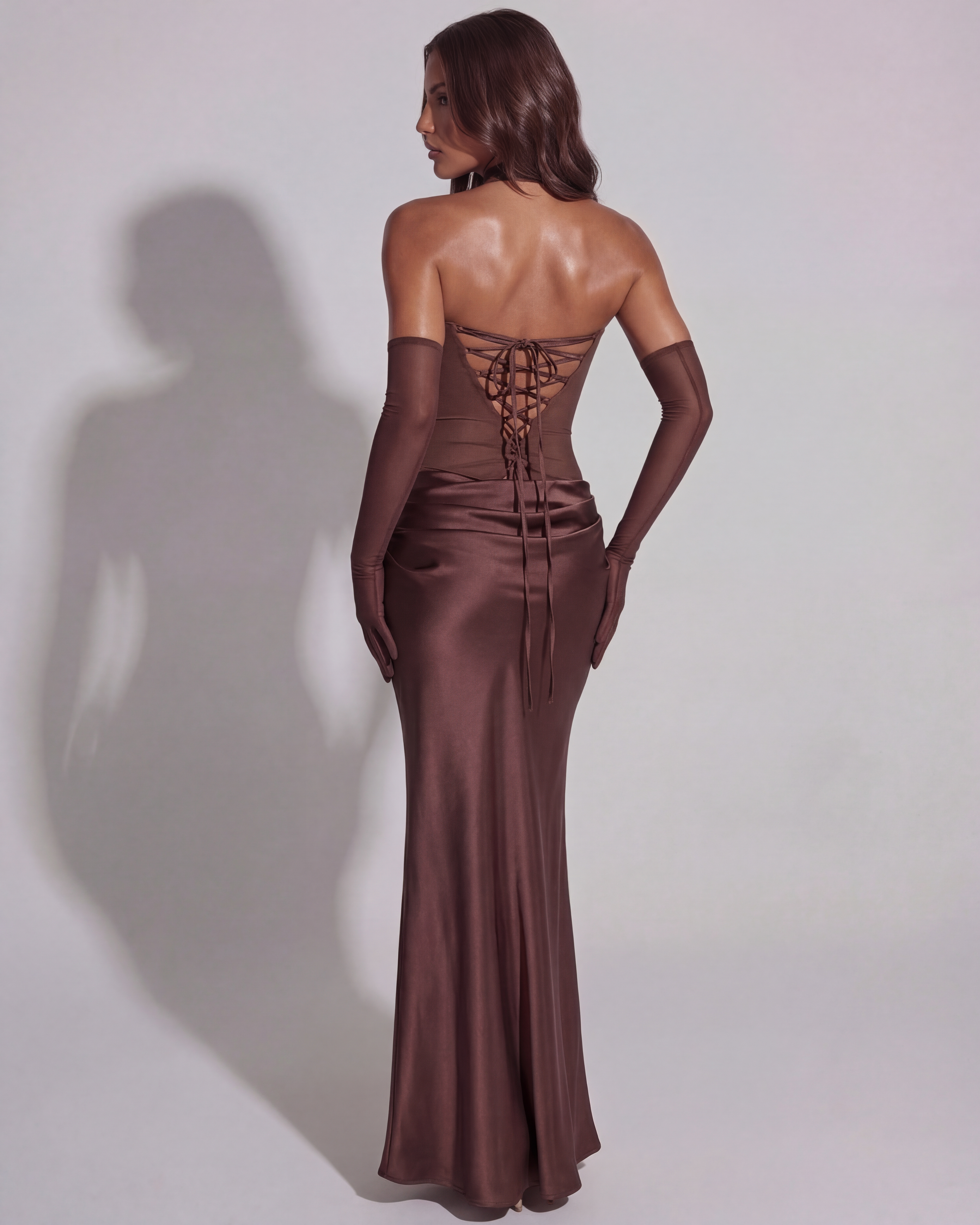Vittoria Strapless Mesh Maxi Evening Dress - Brown