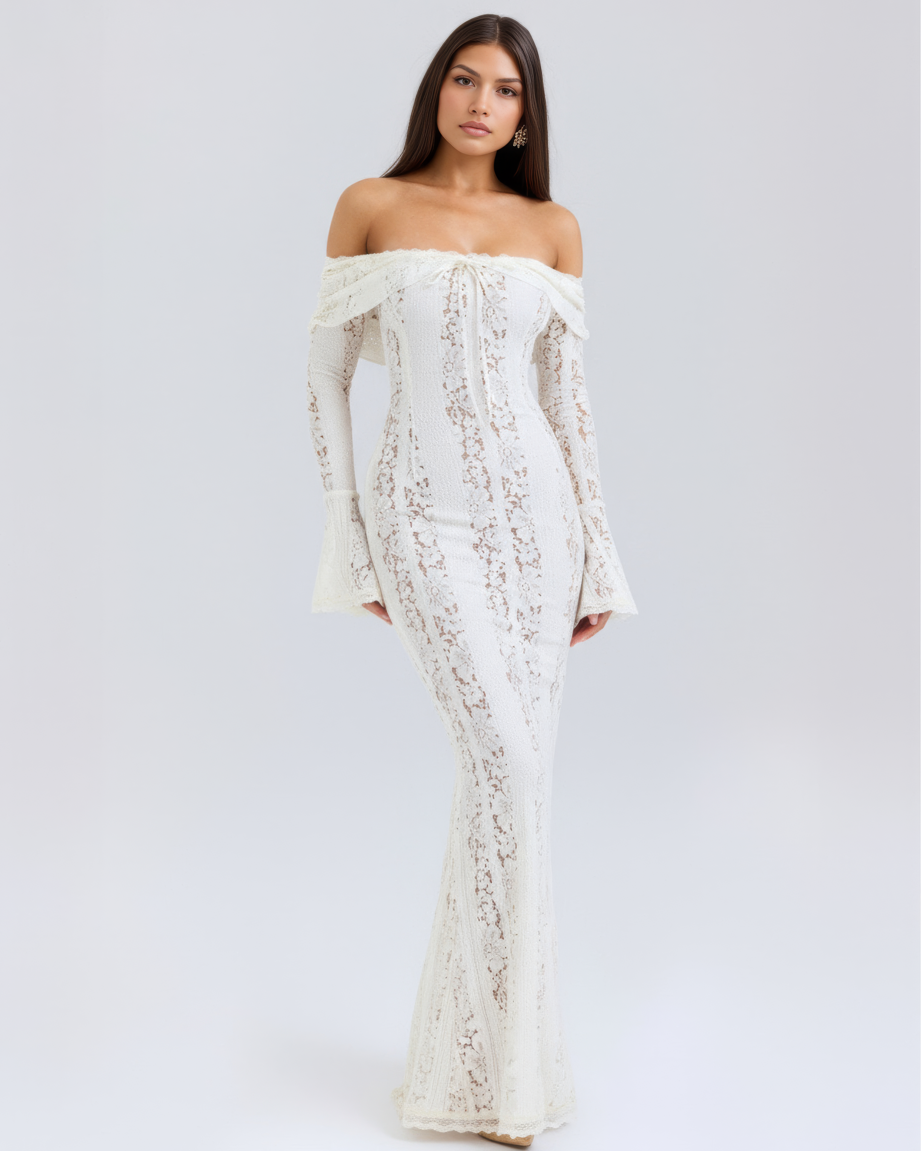 Alessandra Lace Off-Shoulder Maxi Evening Dress - Cream