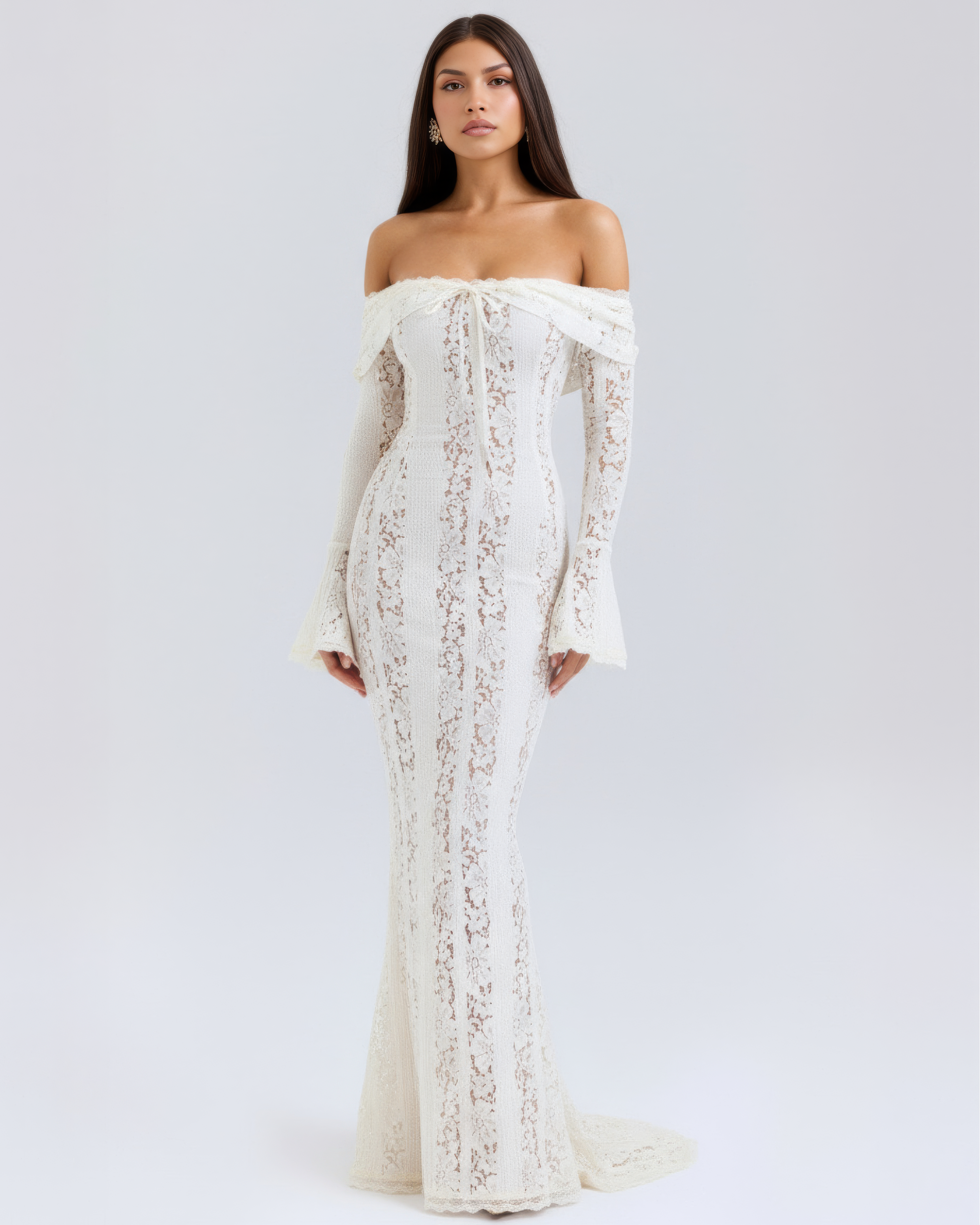 Alessandra Lace Off-Shoulder Maxi Evening Dress - Cream
