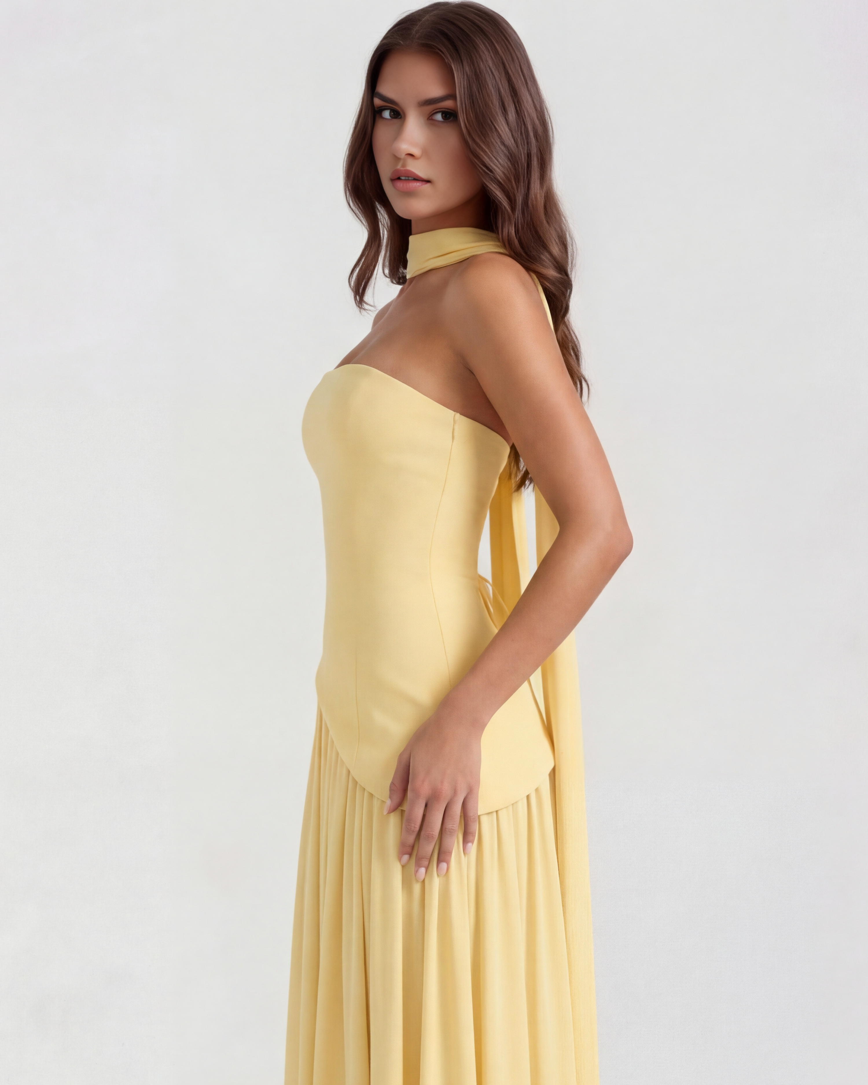 Serena Strapless Asymmetrical Maxi Wedding Guest Dress - Butter Yellow