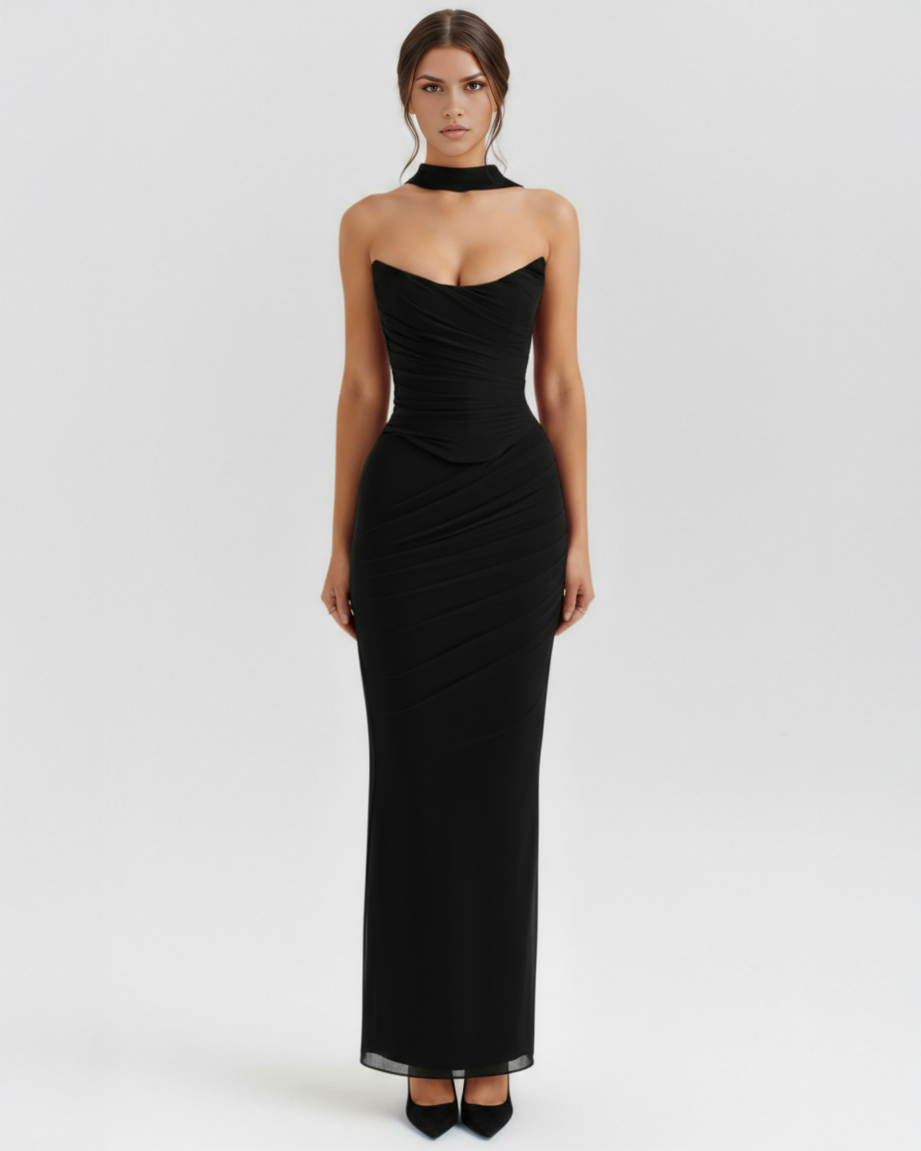 Malu Mesh Ruched Maxi Evening Dress - Black
