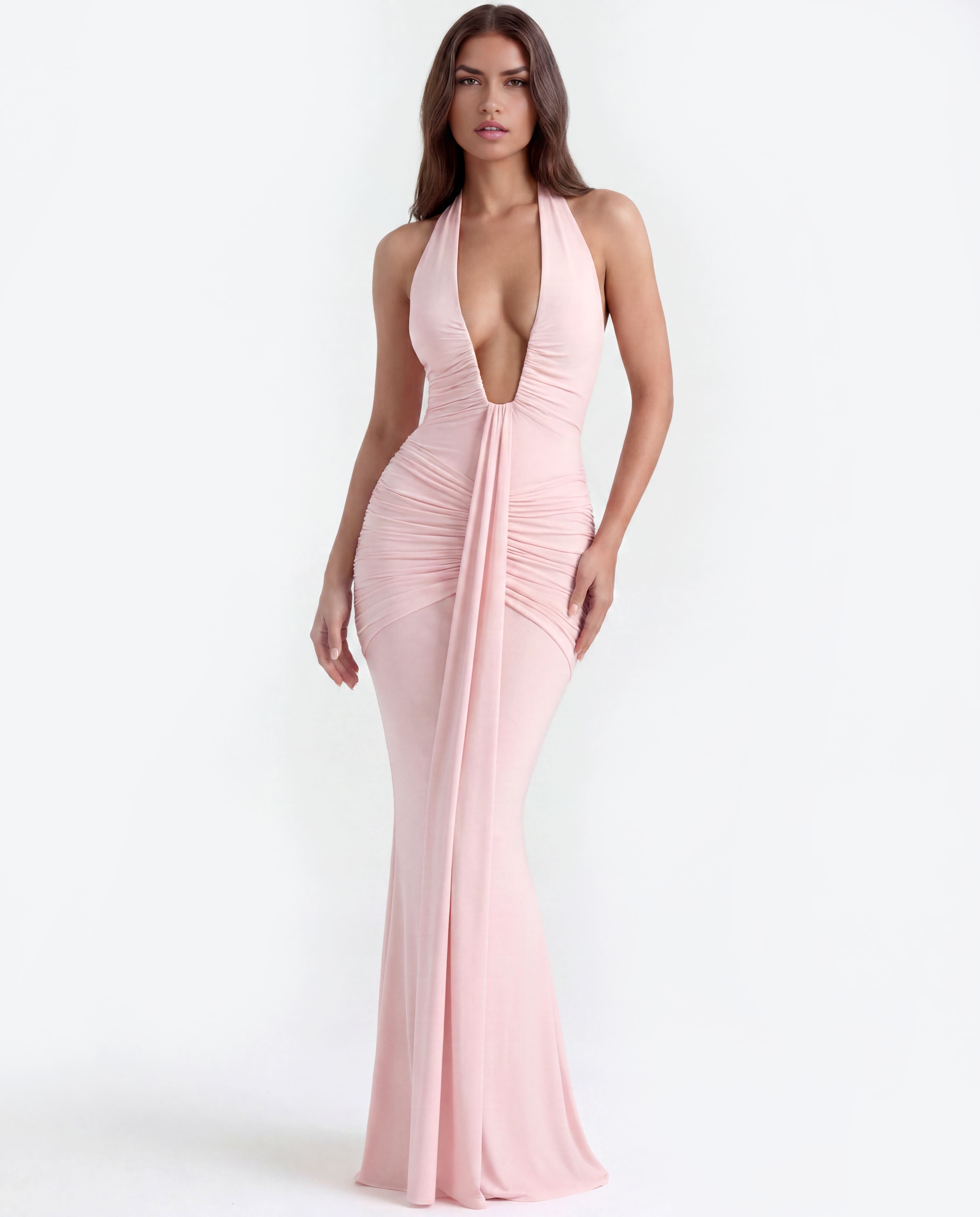 Ariel Ruched Halter Maxi Evening Dress - Pink