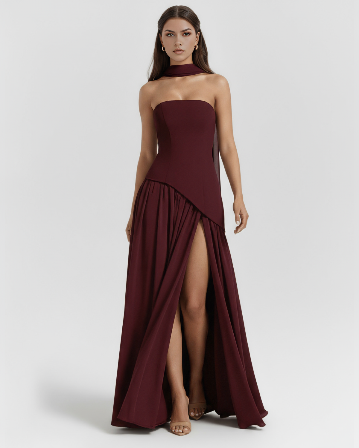Serena Lace-Up Fitted Maxi Formal Dress - Deep Cherry Lacquer
