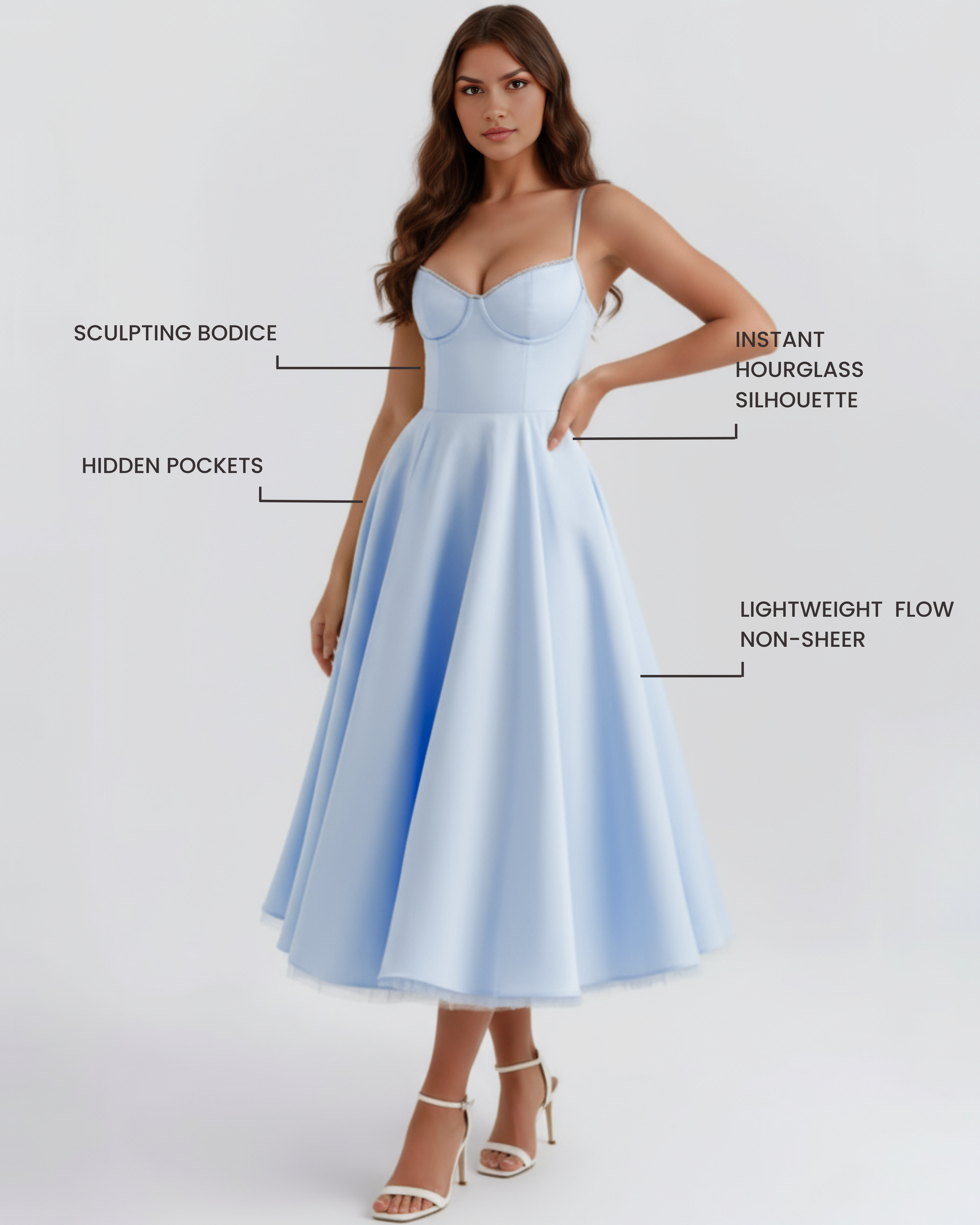 Selene Satin Mesh Midi Wedding Guest Dress - Ivory