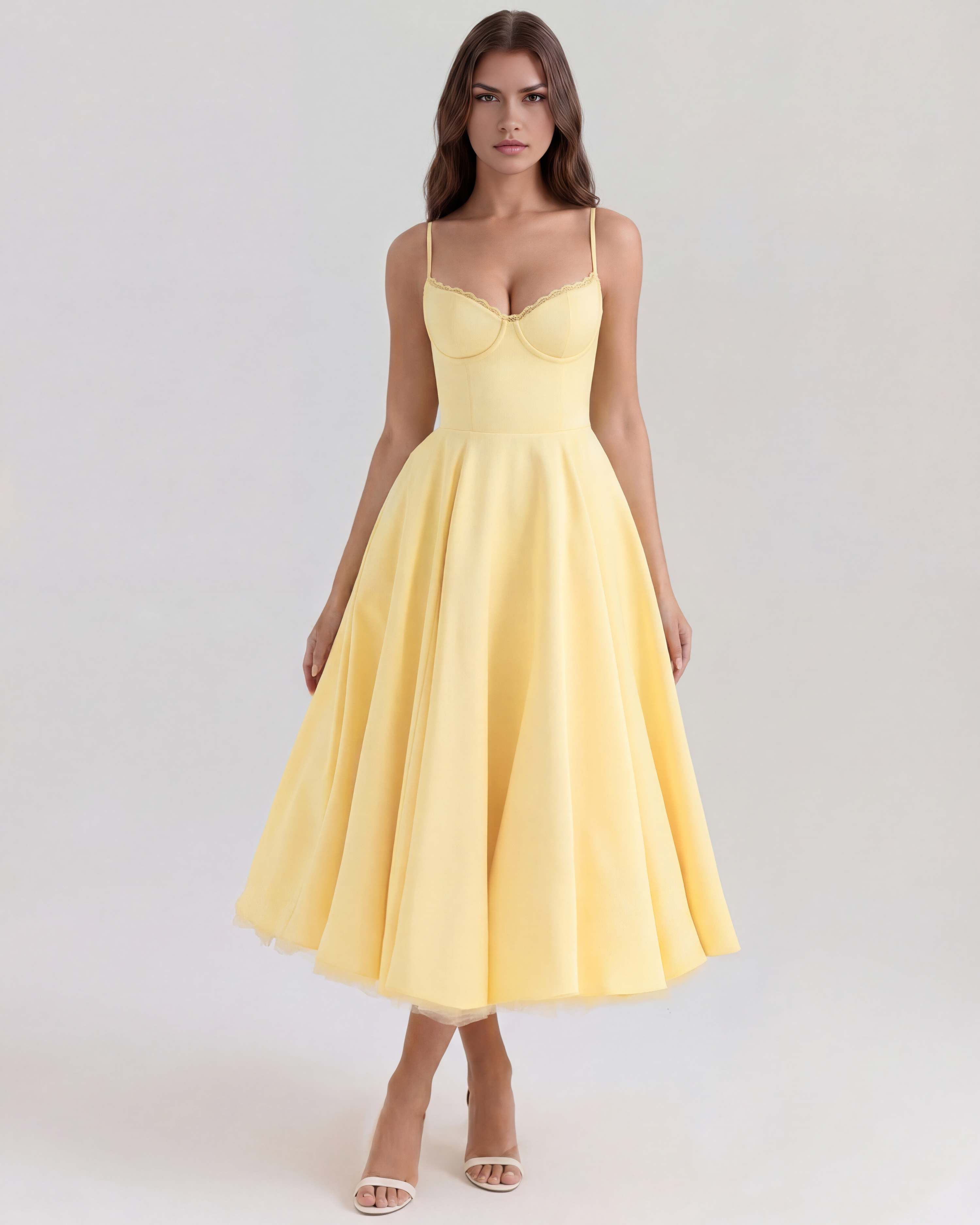 Selene Satin Mesh Midi Wedding Guest Dress - Ivory