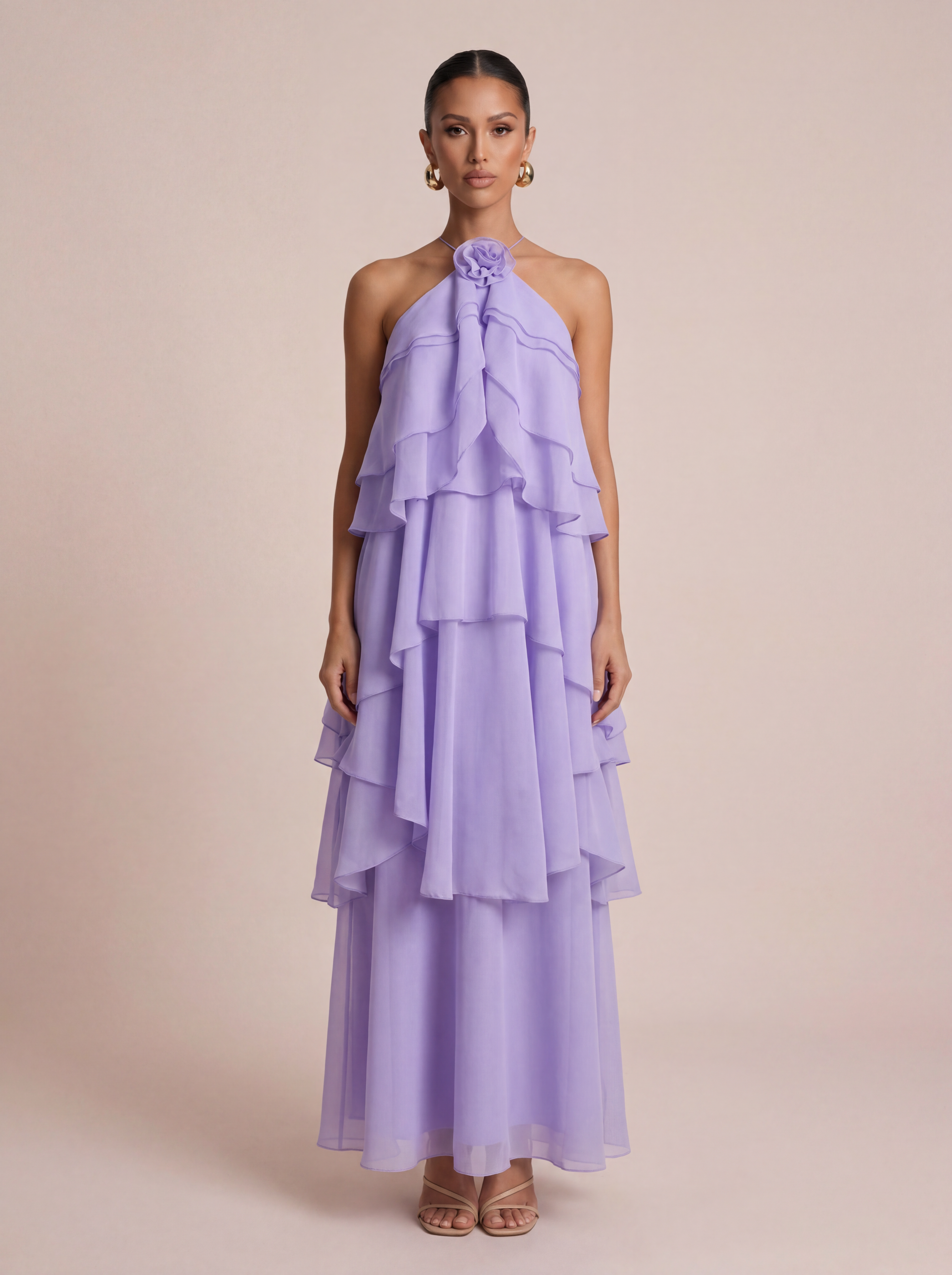 Cindy Flower Halter Ruffle Summer Maxi Dress