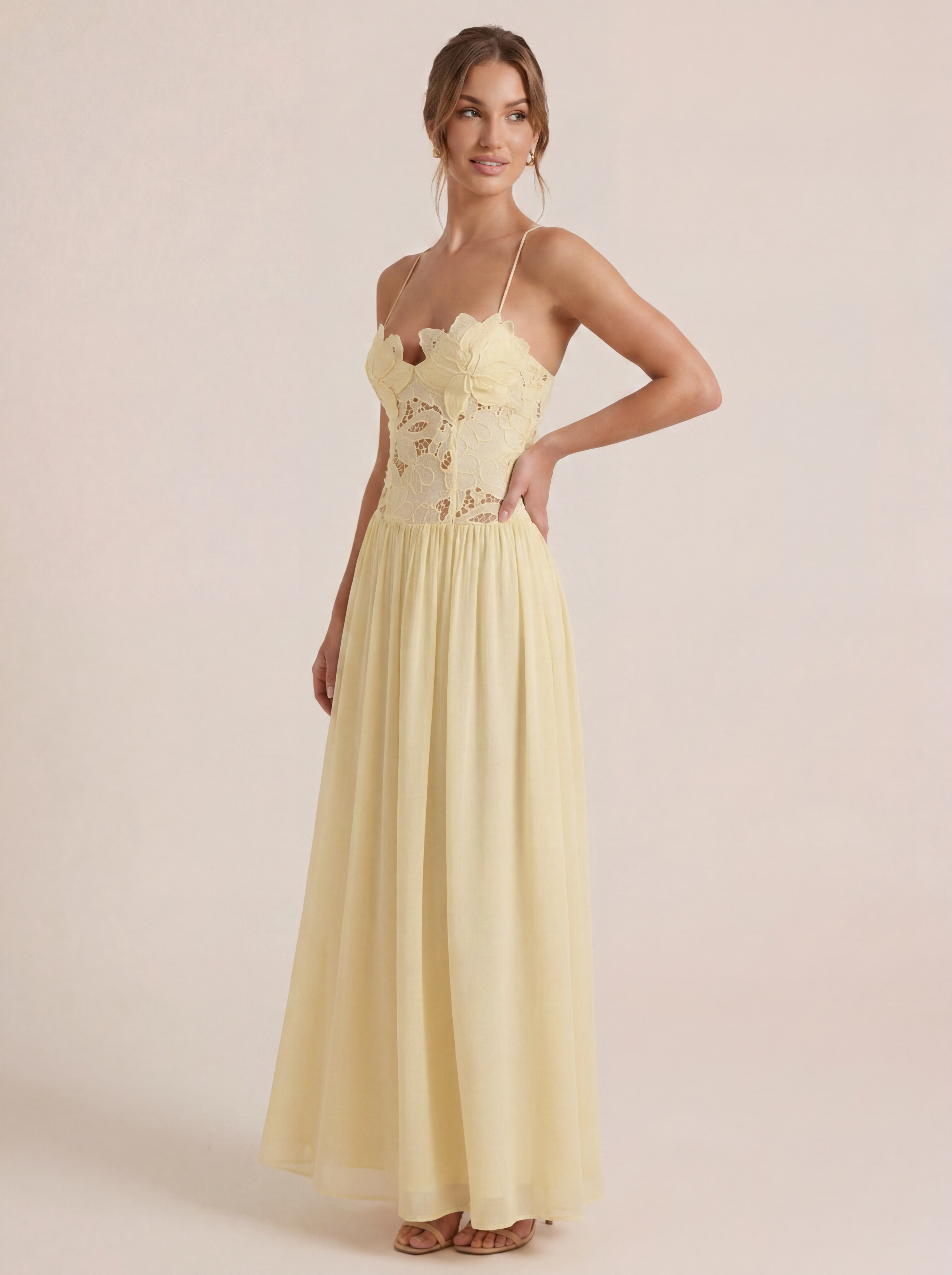 Alexandra Yellow A-line Elegnat Floral Maxi Dress