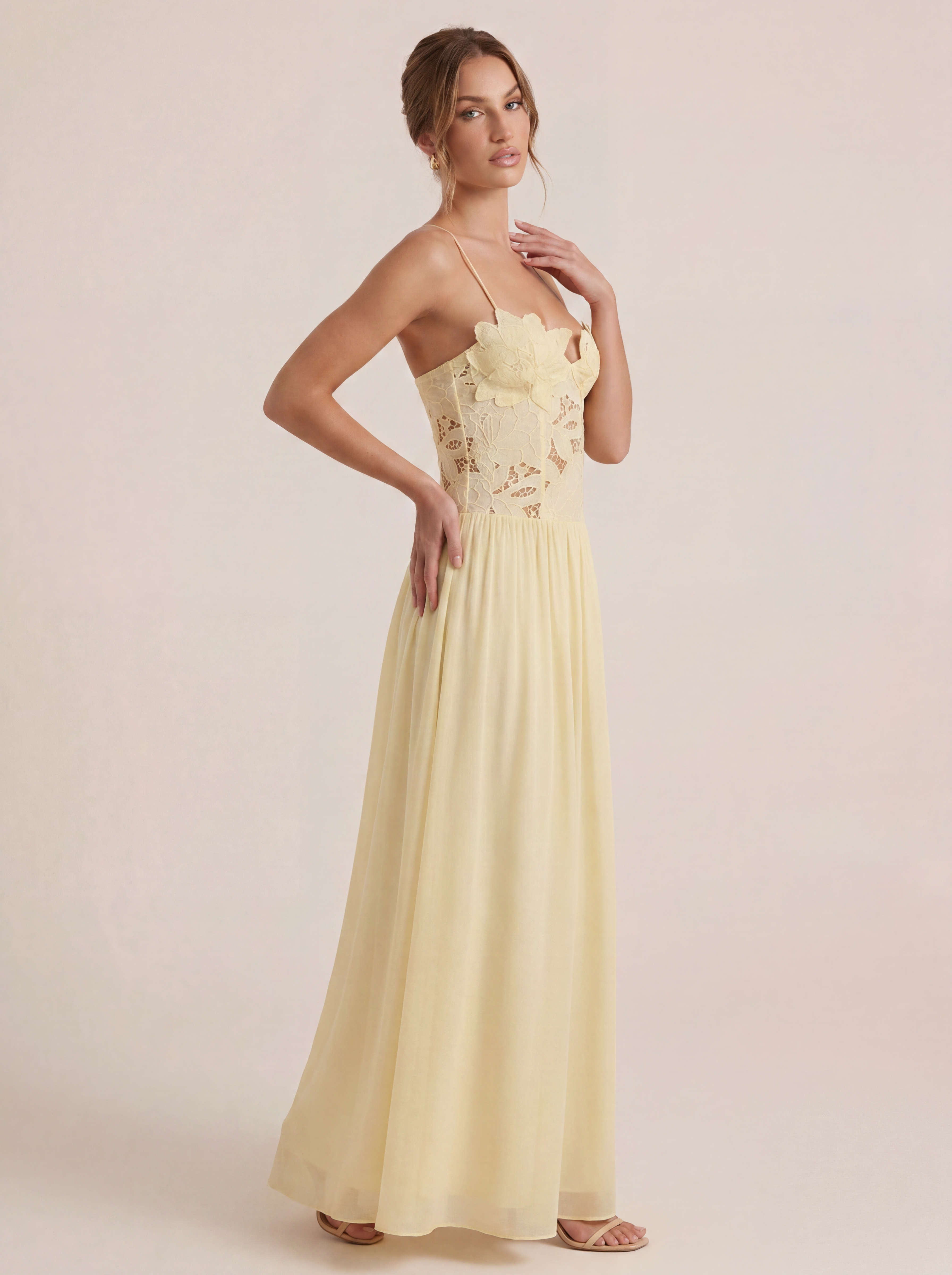 Alexandra Yellow A-line Elegnat Floral Maxi Dress