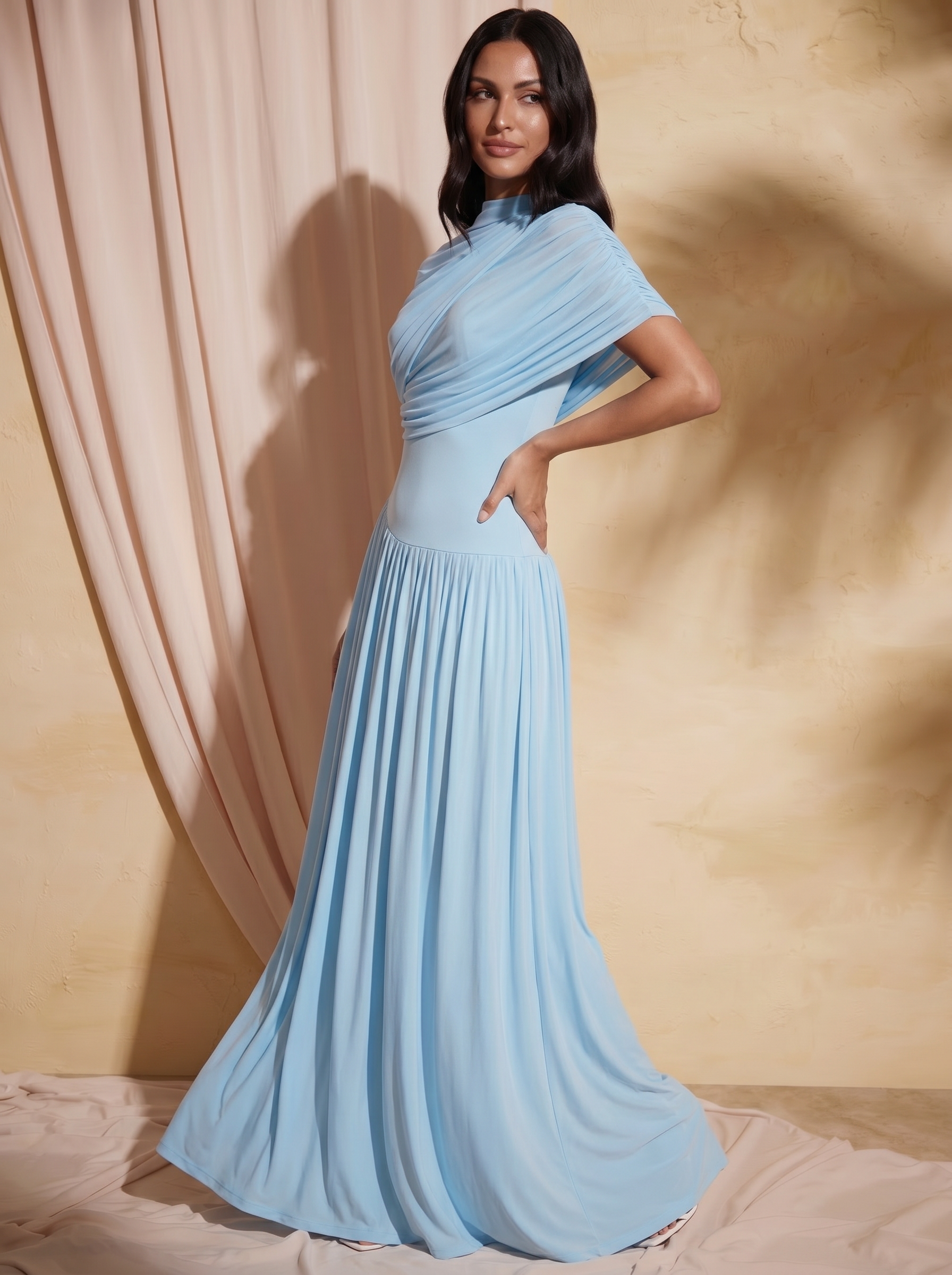 Cleodora Blue Elegant Draped Shoulder Maxi Dress