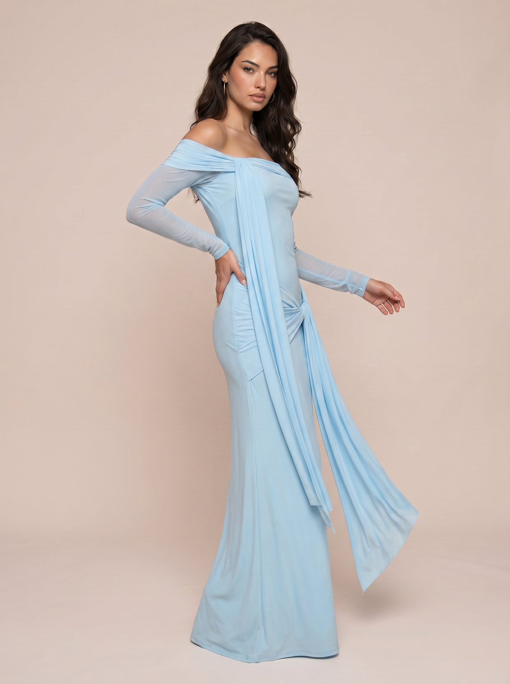 Aya Blue Off Shoulder Ruched Long Sleeve Maxi Dress