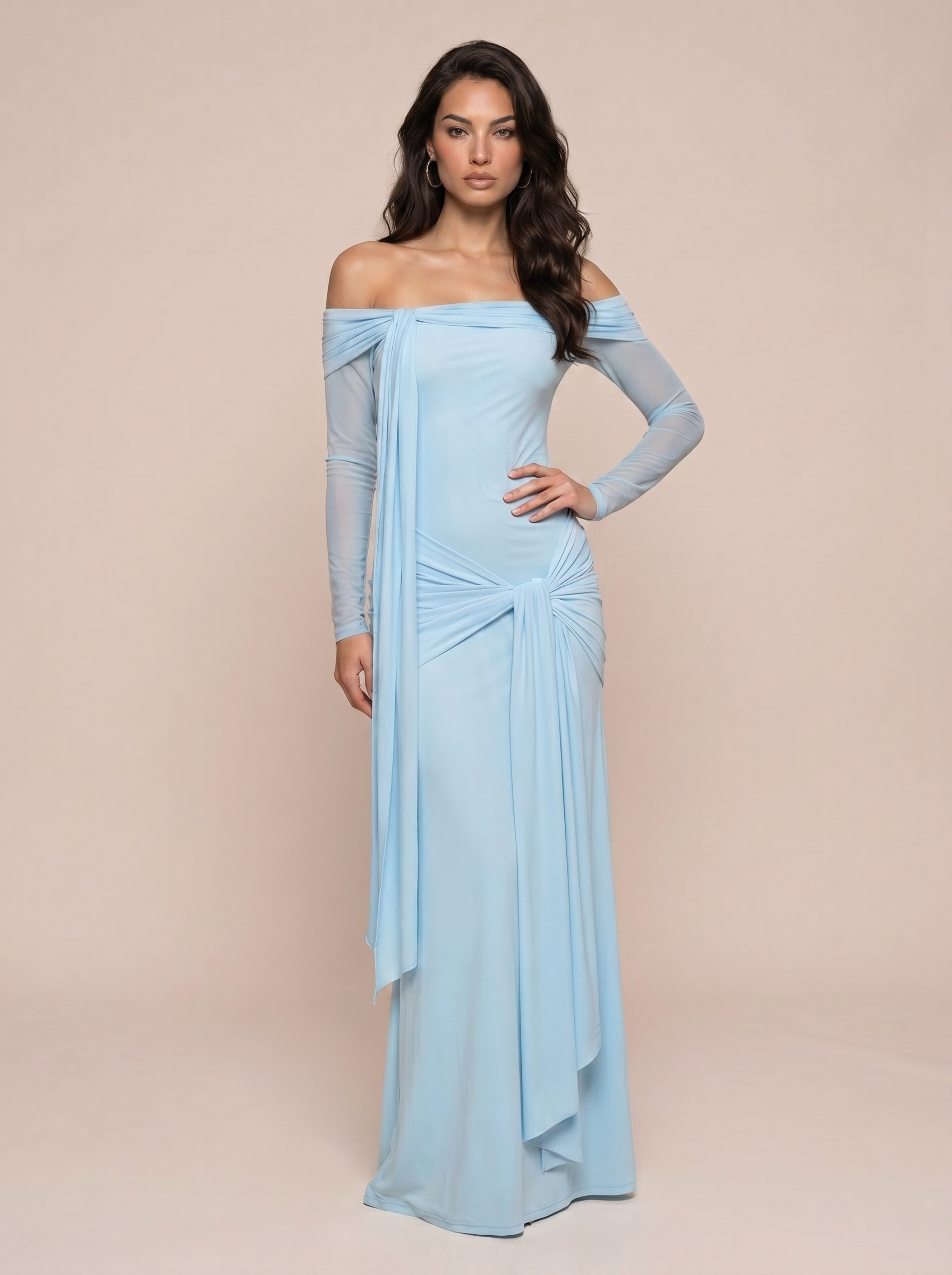 Aya Blue Off Shoulder Ruched Long Sleeve Maxi Dress