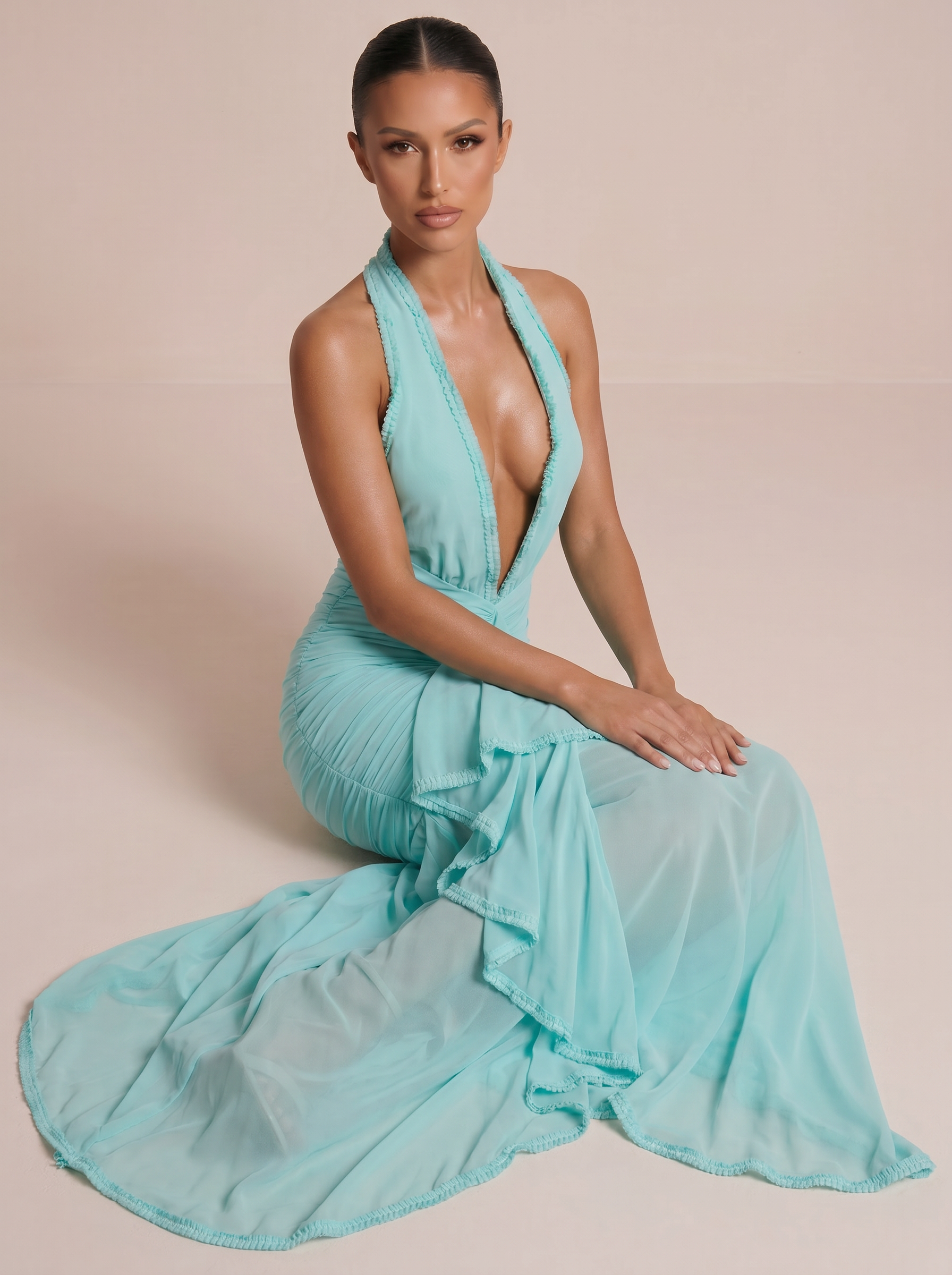 Lily Elegant Halter Deep V Neck Ruffle Maxi Dress