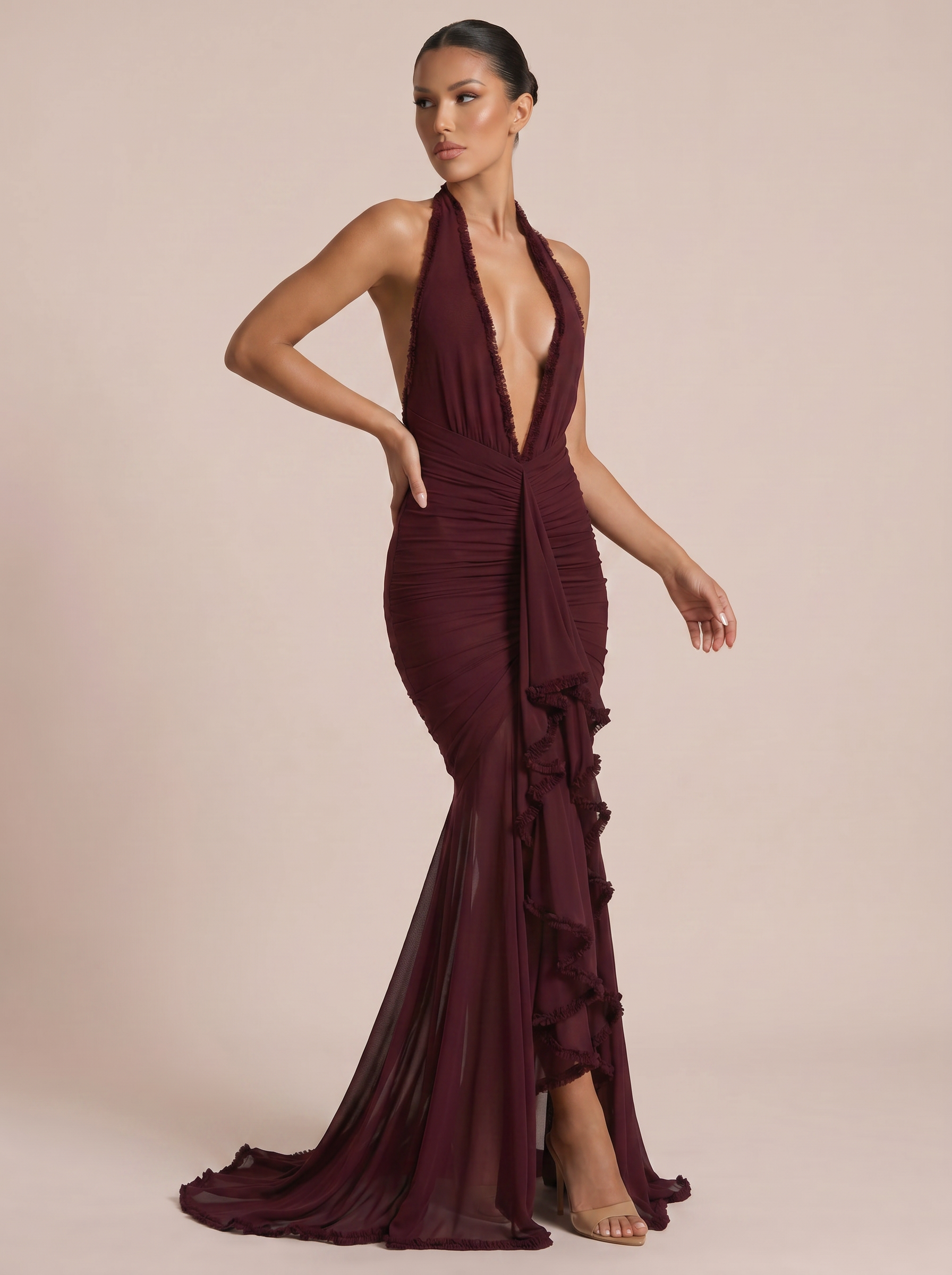 Lily Elegant Halter Deep V Neck Ruffle Maxi Dress