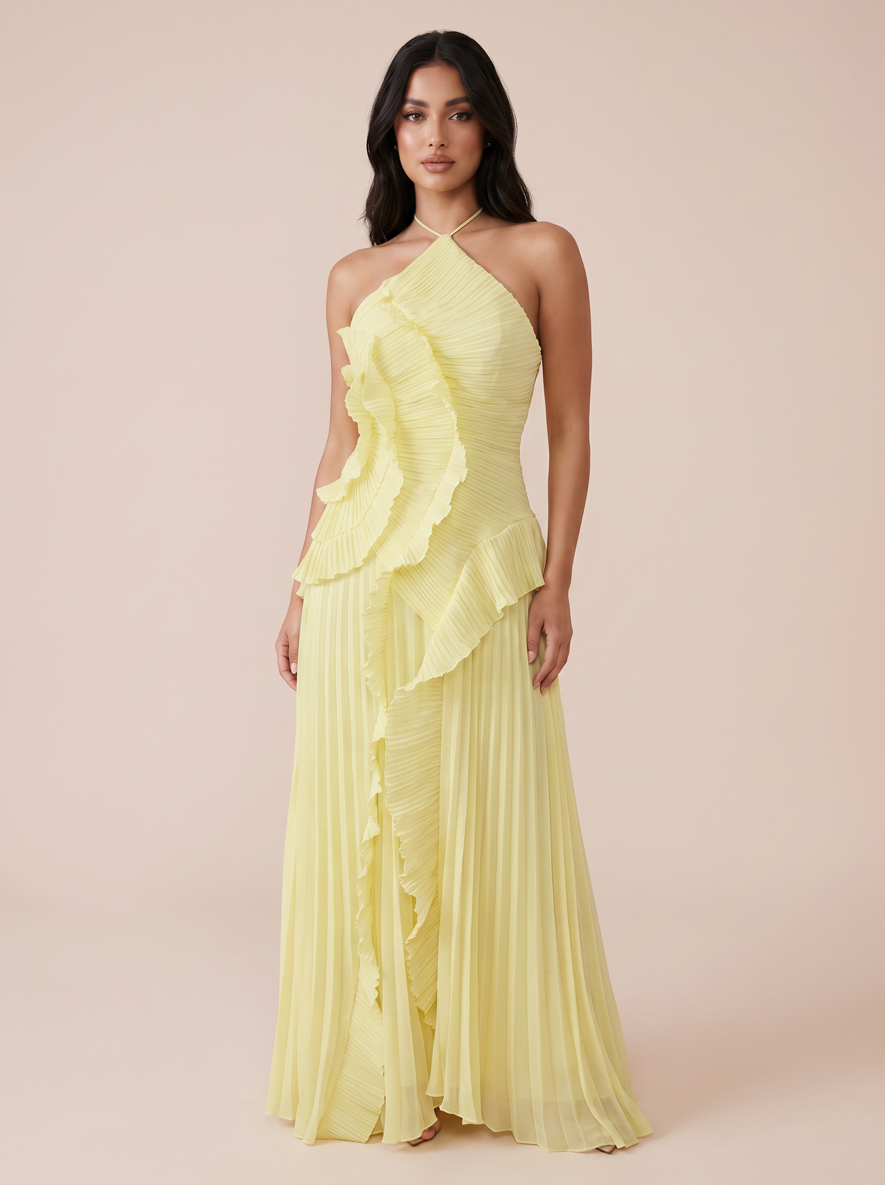 Adele Elegant Halter A Line Ruffle Maxi Dress