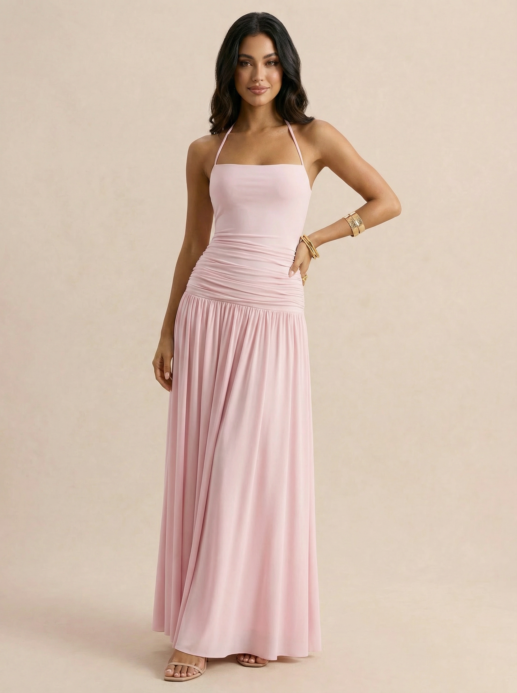 Rosina Halter Sleeveless A-line Pleated Maxi Dress