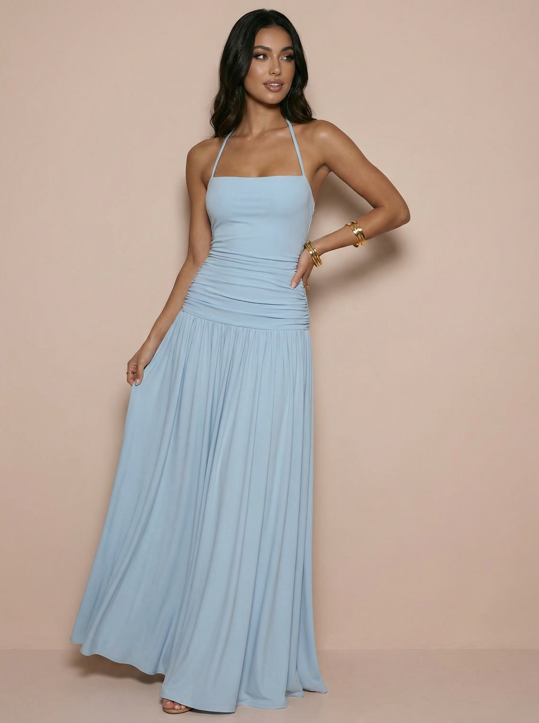 Rosina Halter Sleeveless A-line Pleated Maxi Dress