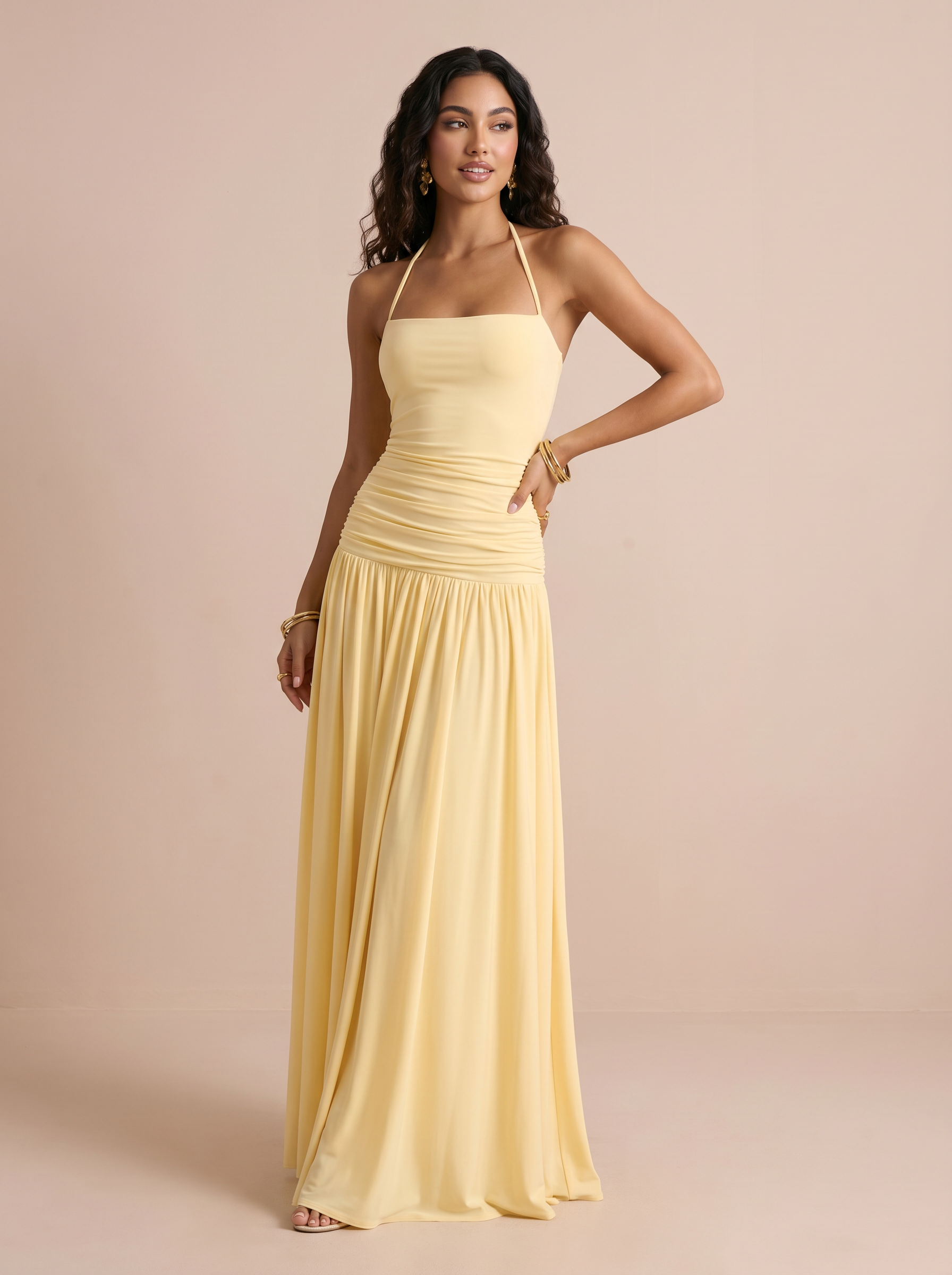 Rosina Halter Sleeveless A-line Pleated Maxi Dress