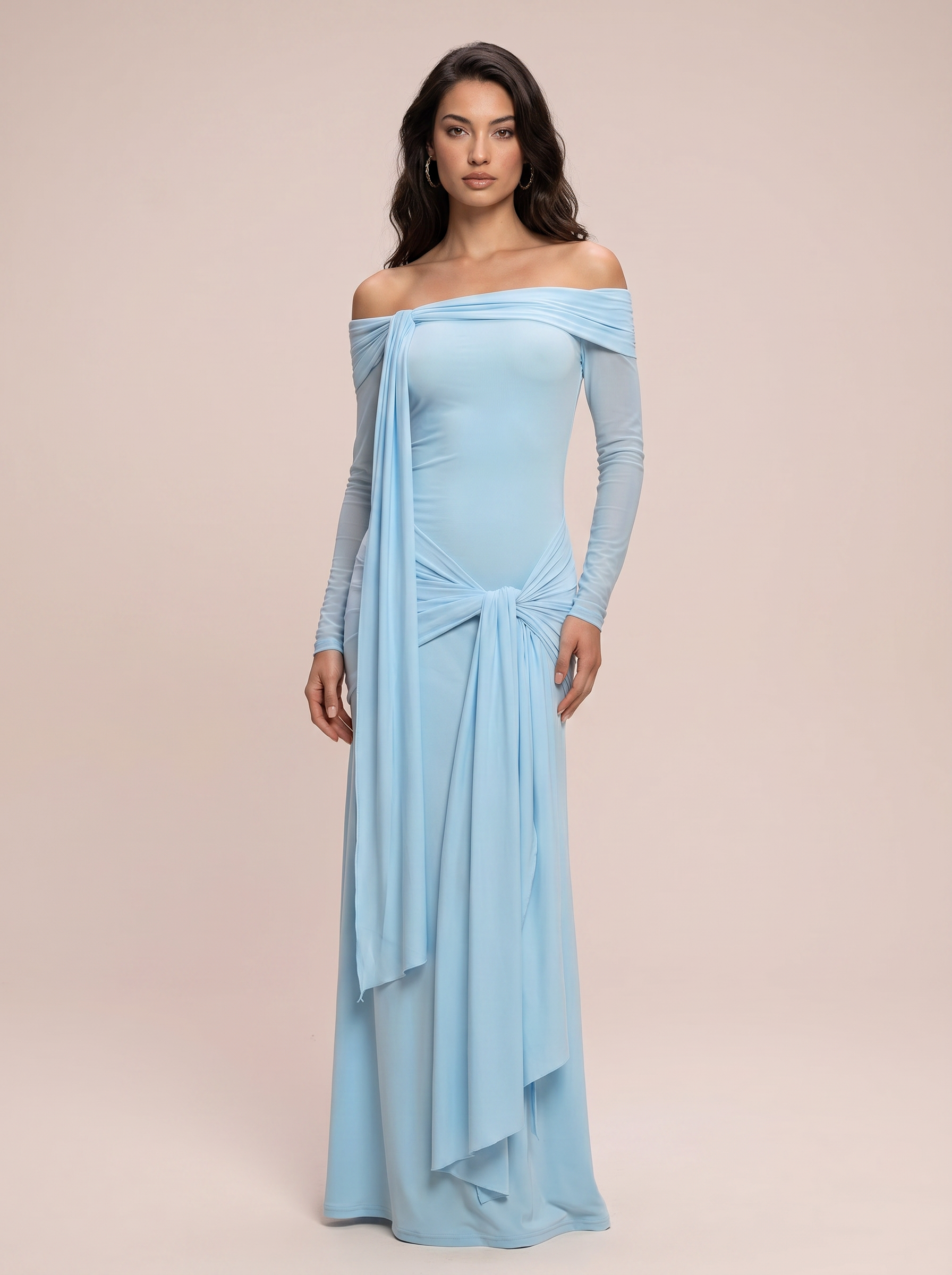 Aya Blue Off Shoulder Ruched Long Sleeve Maxi Dress