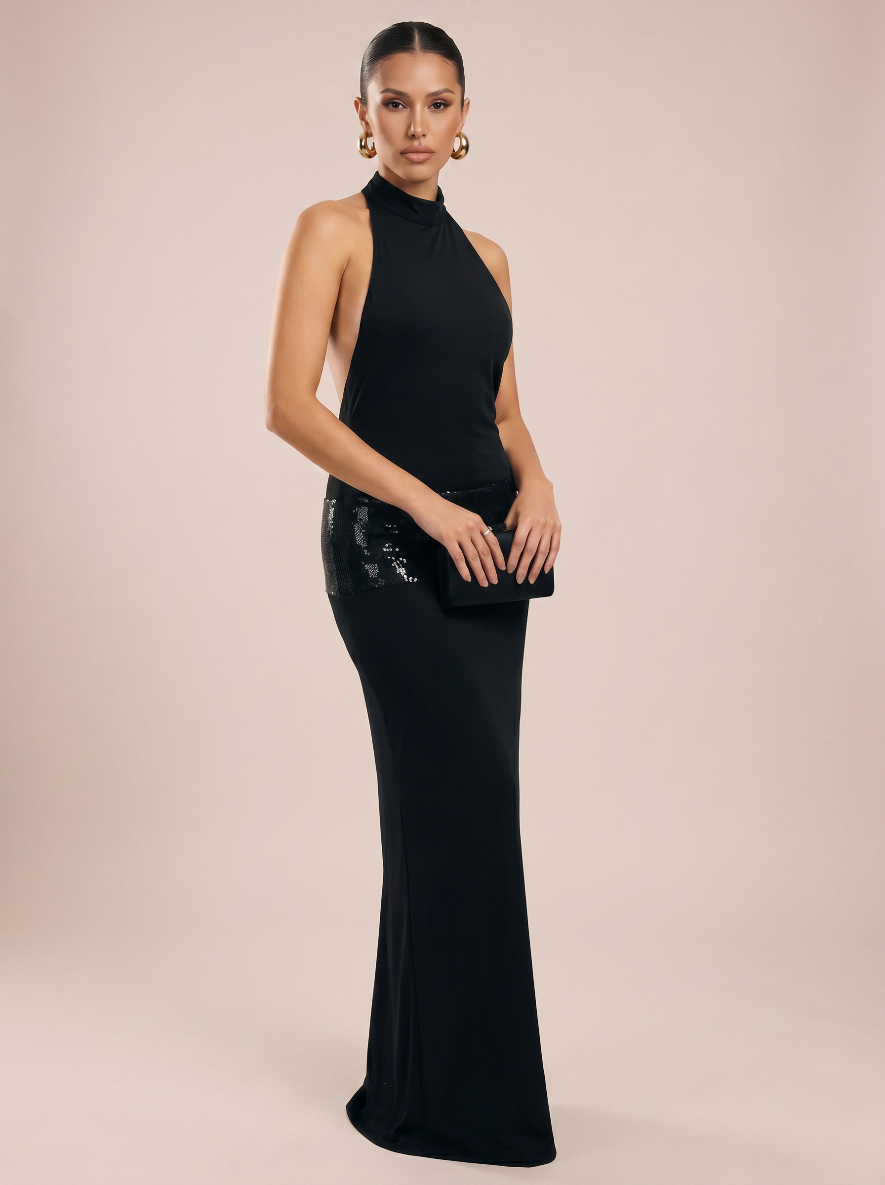 Kiyah Black Backless Sequin Maxi Dress