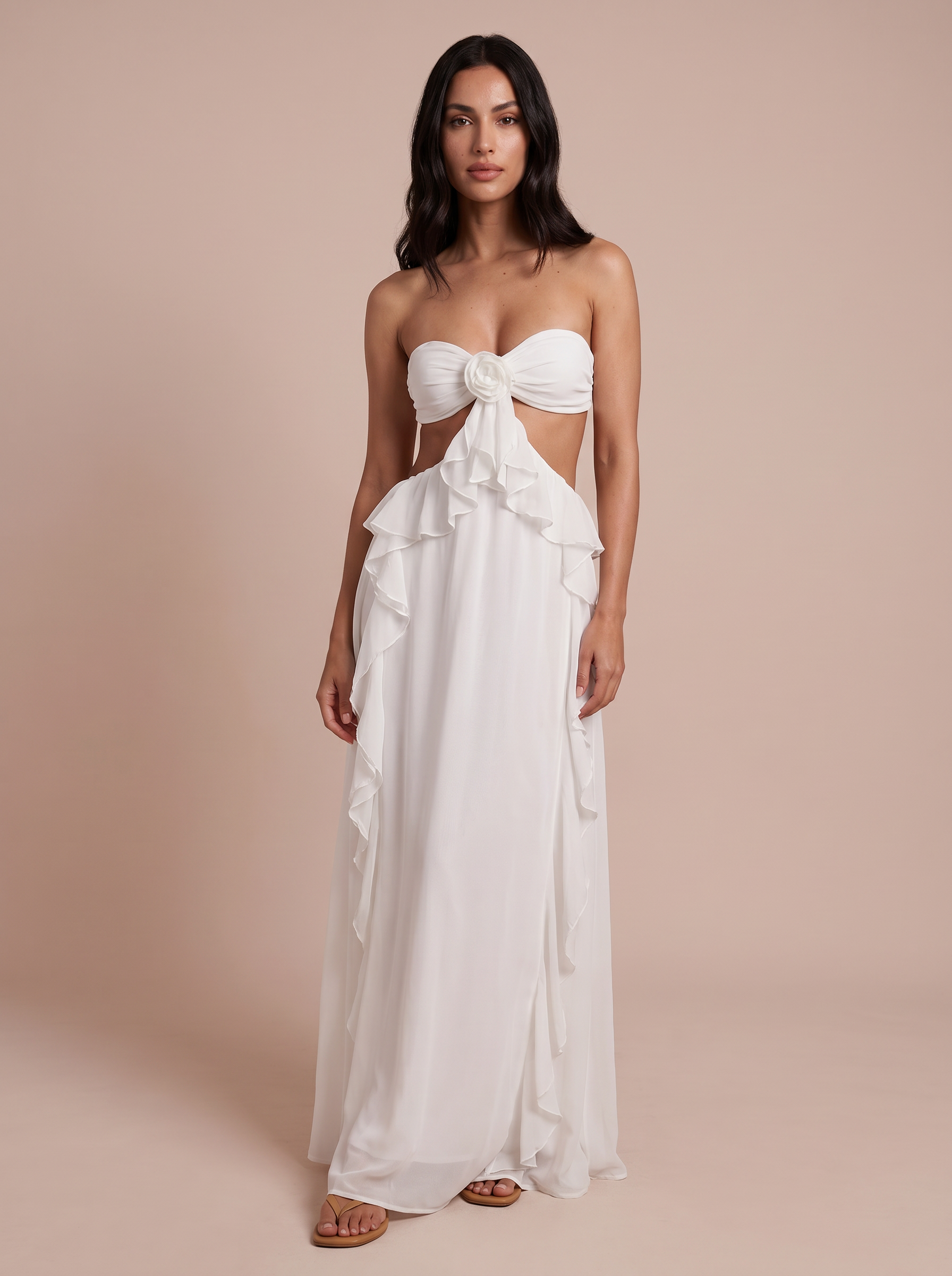 Kindia White Strapless Ruffle Summer Maxi Dress