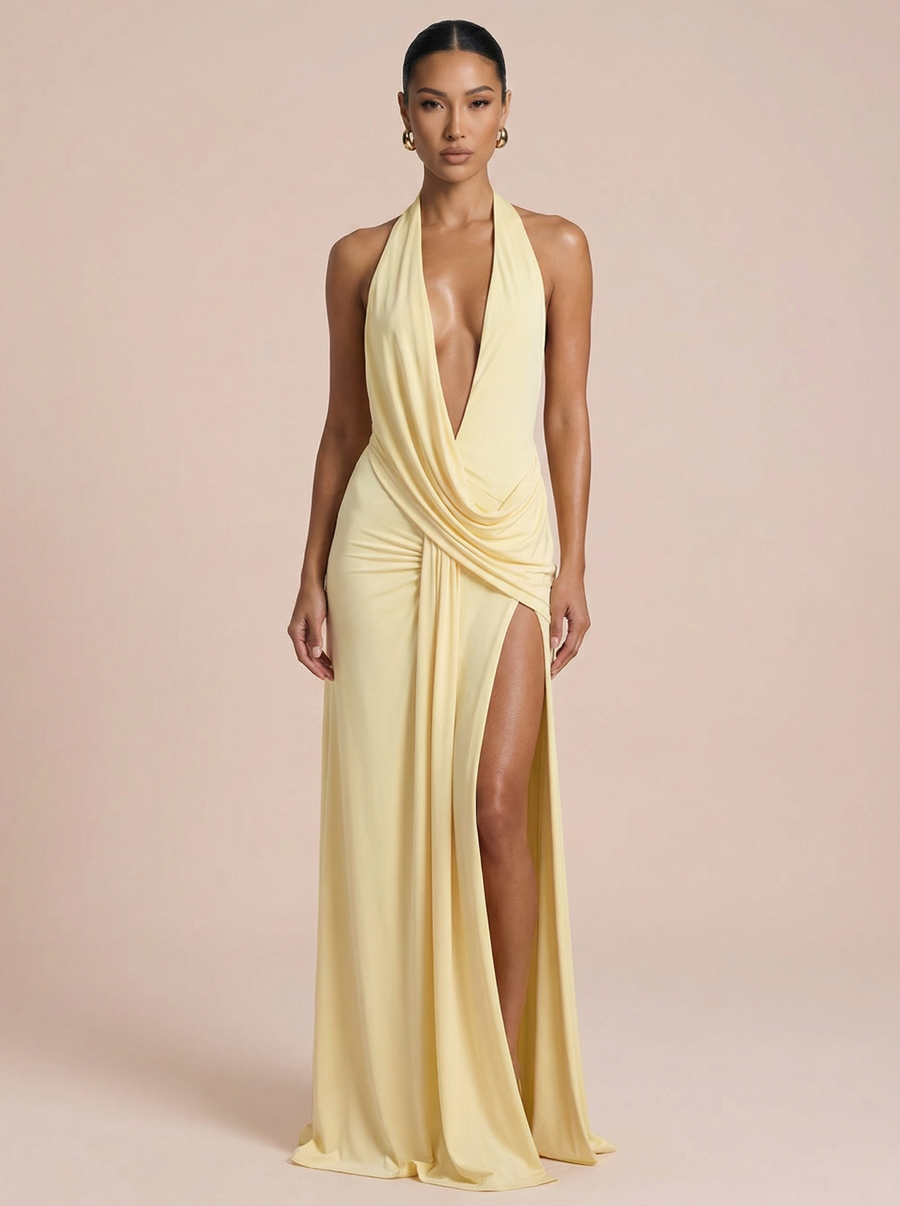 Makena Halter Deep V Neck Backless Maxi