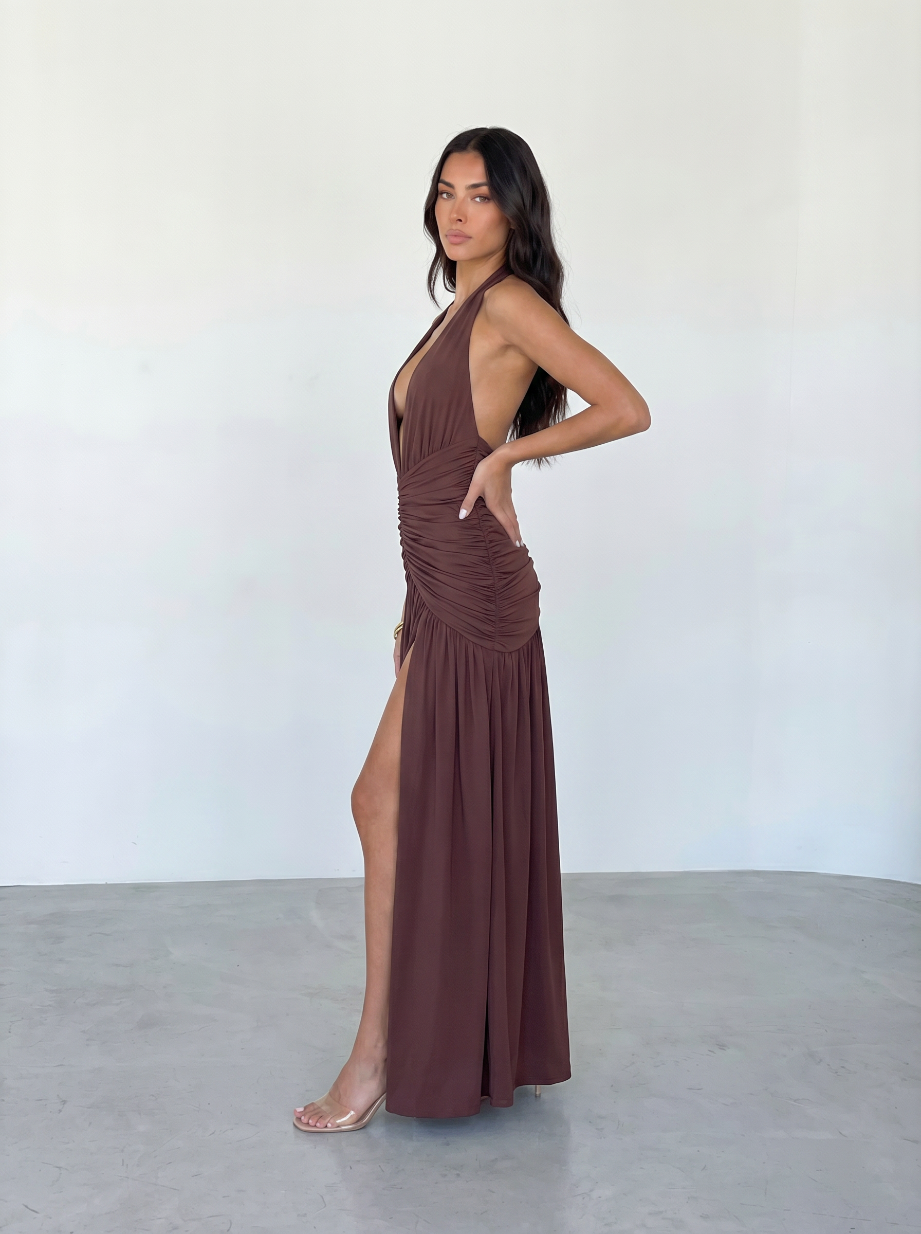 Ivoyra Halter Deep V Neck Backless Maxi Dress