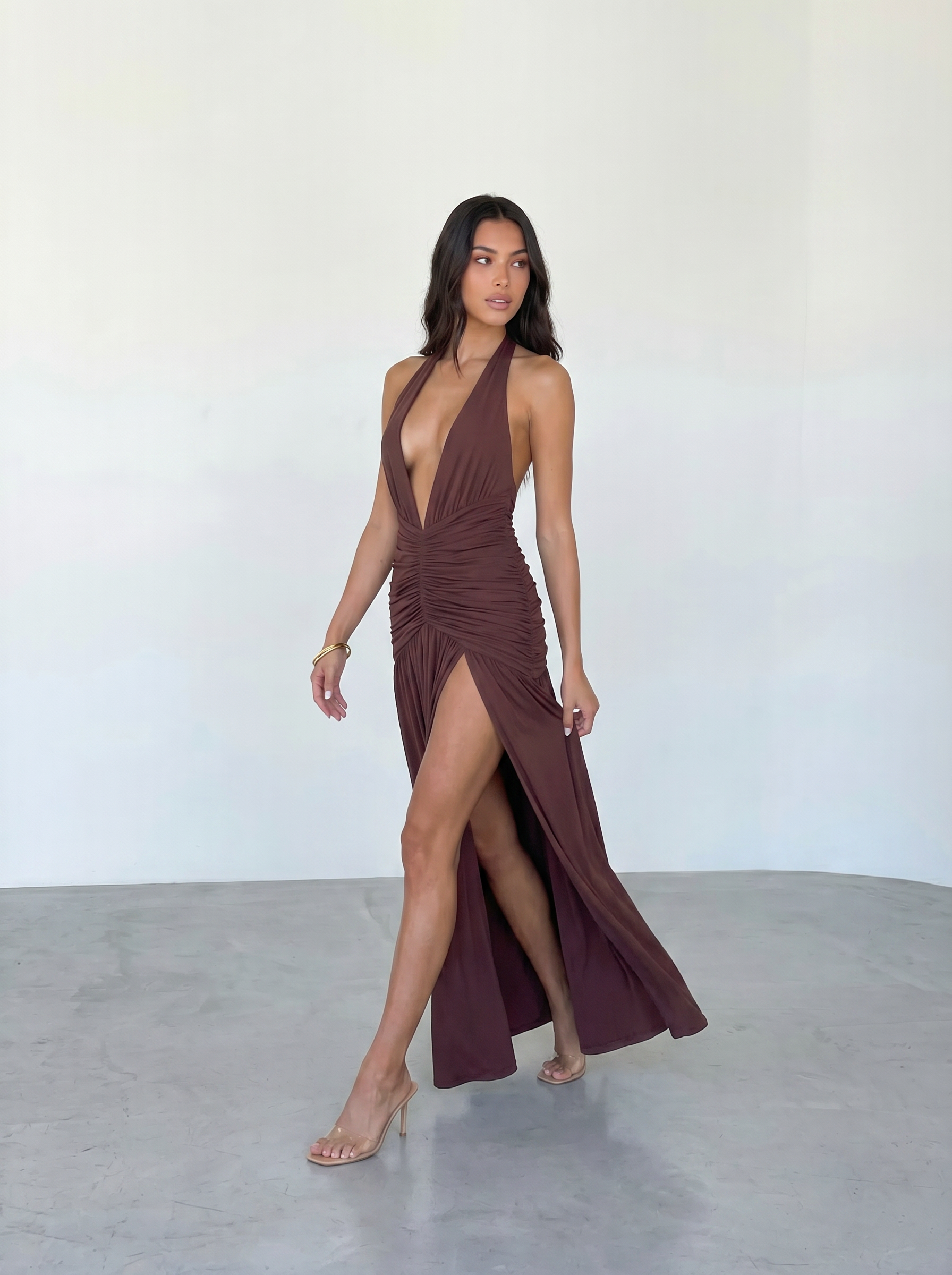 Ivoyra Halter Deep V Neck Backless Maxi Dress