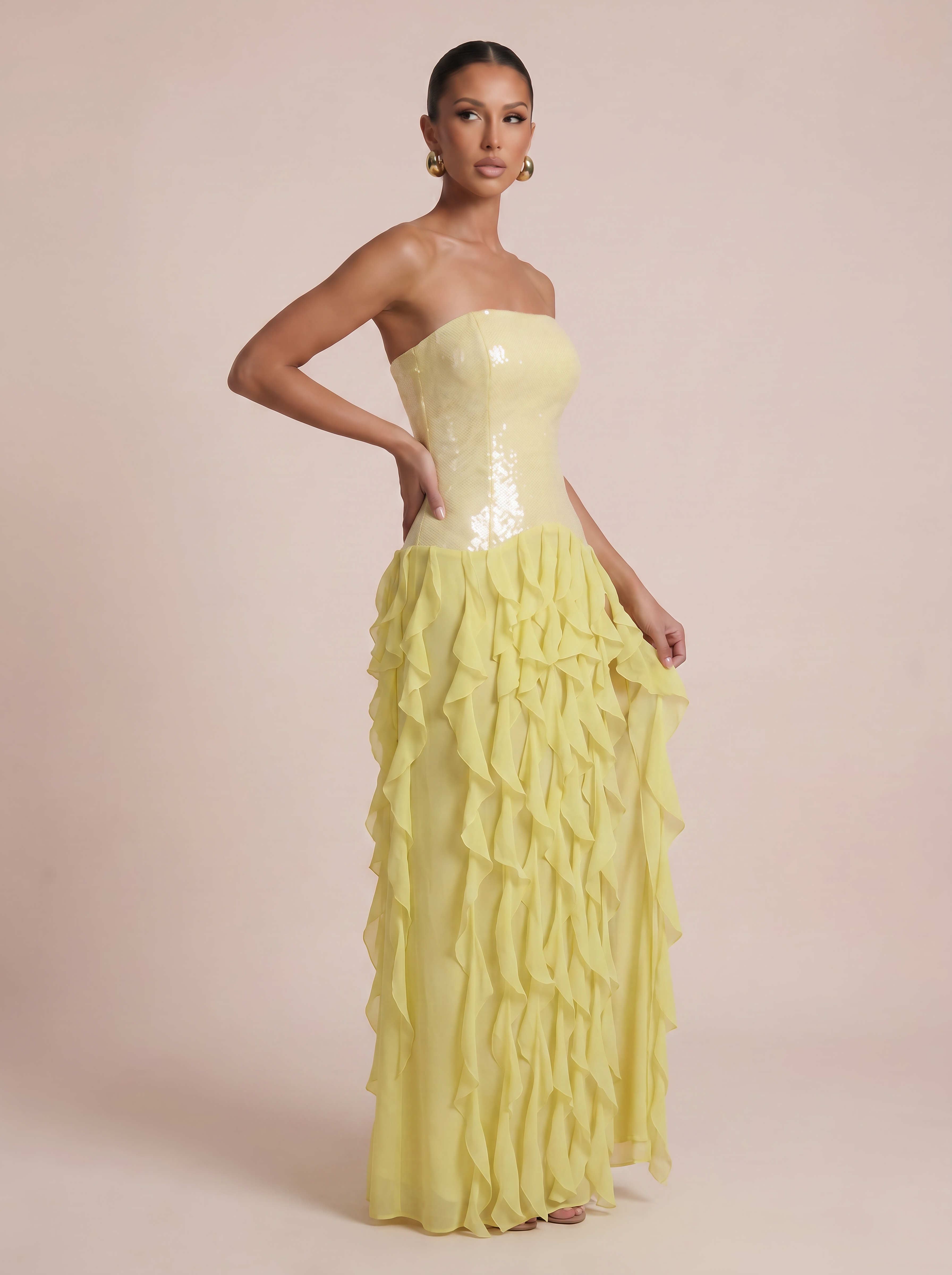 Saffrona Yellow Strapless Sequin Ruffle Maxi Dress