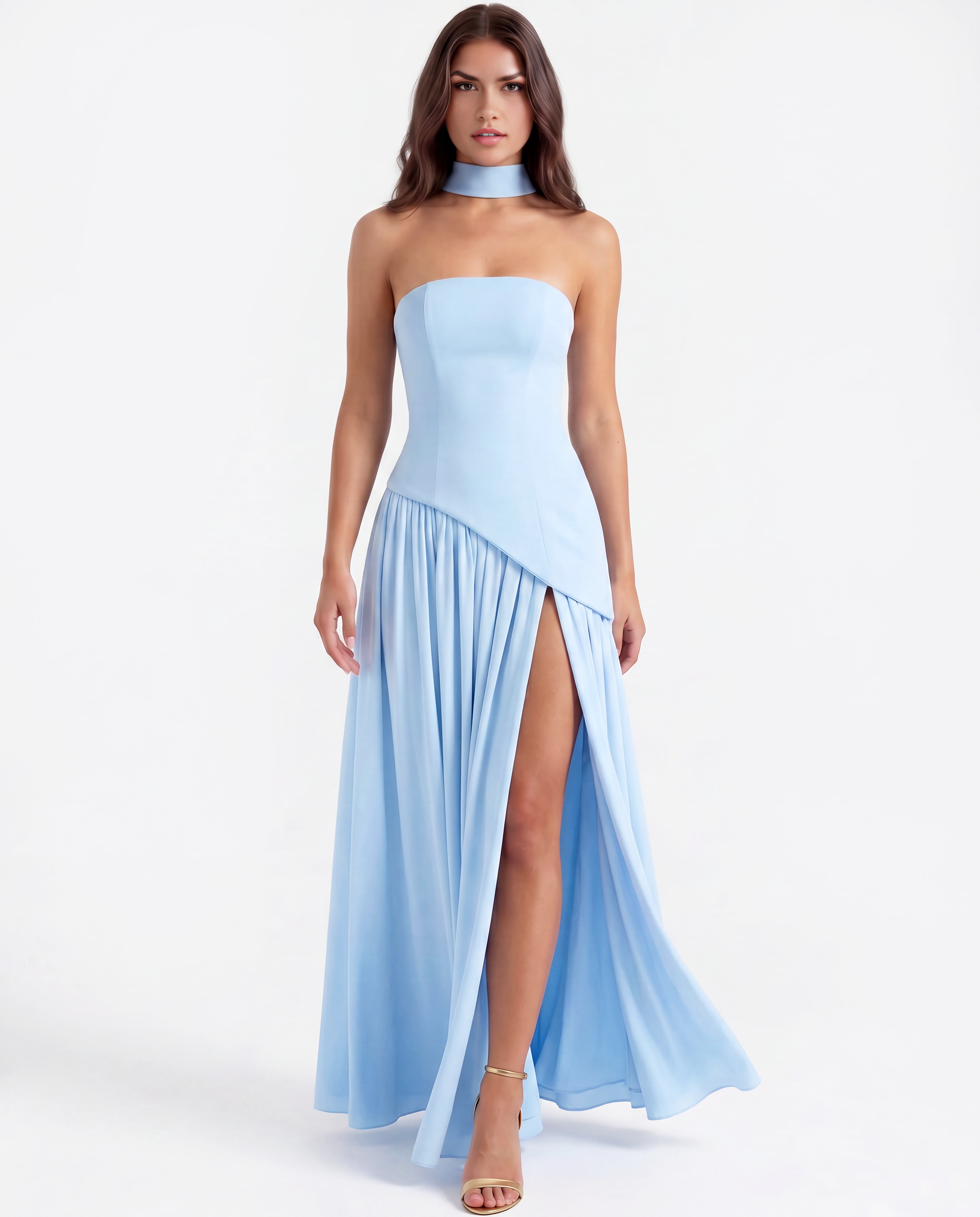 Serena Strapless Asymmetrical Maxi Wedding Guest Dress - Baby Blue
