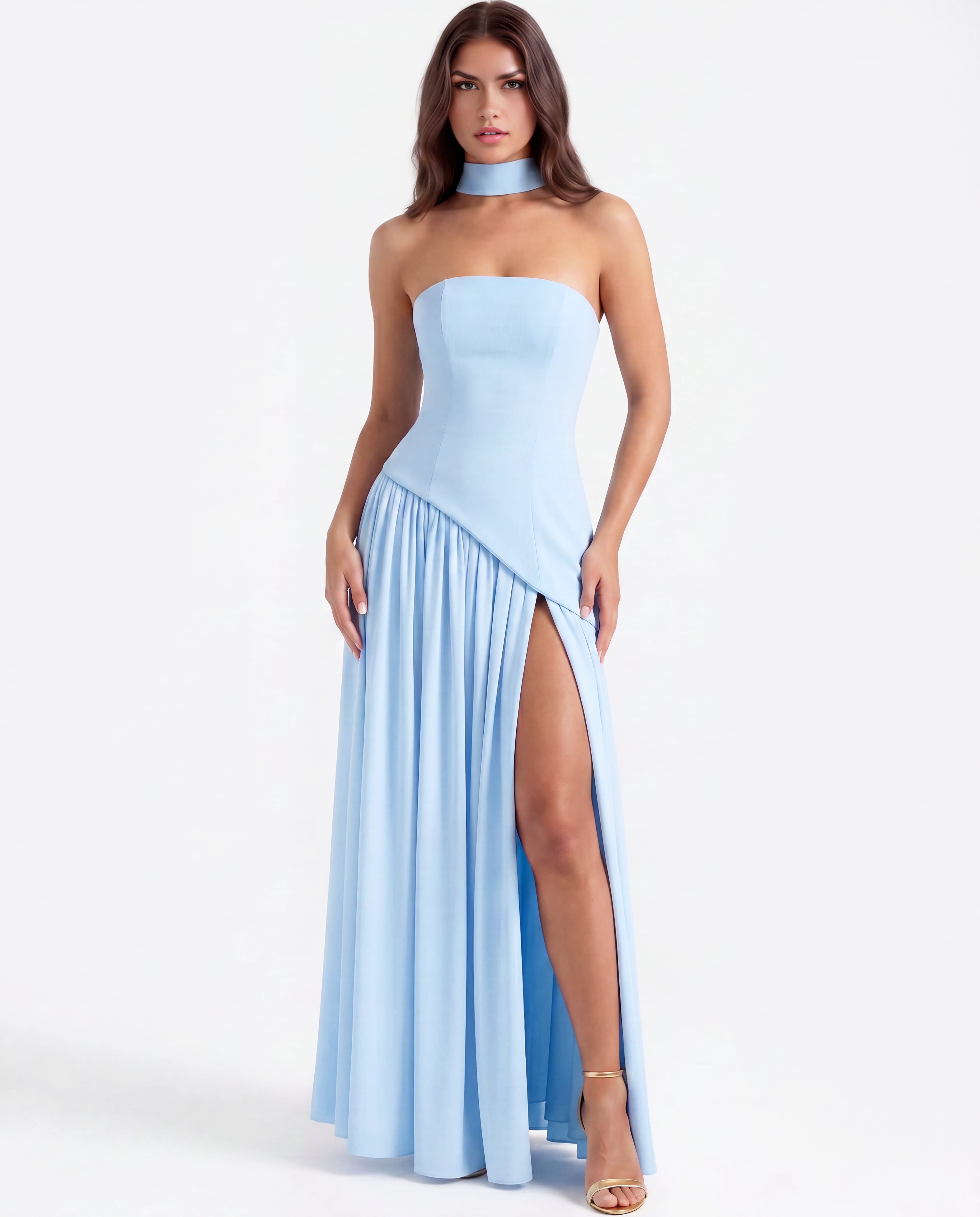 Serena Strapless Asymmetrical Maxi Wedding Guest Dress - Baby Blue