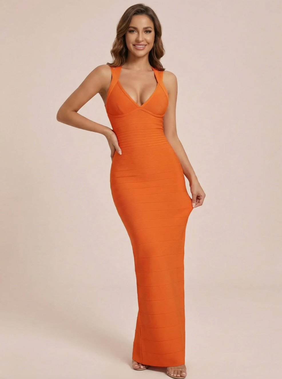 India ORANGE V NECK BODYCON BANDAGE MAXI DRESS