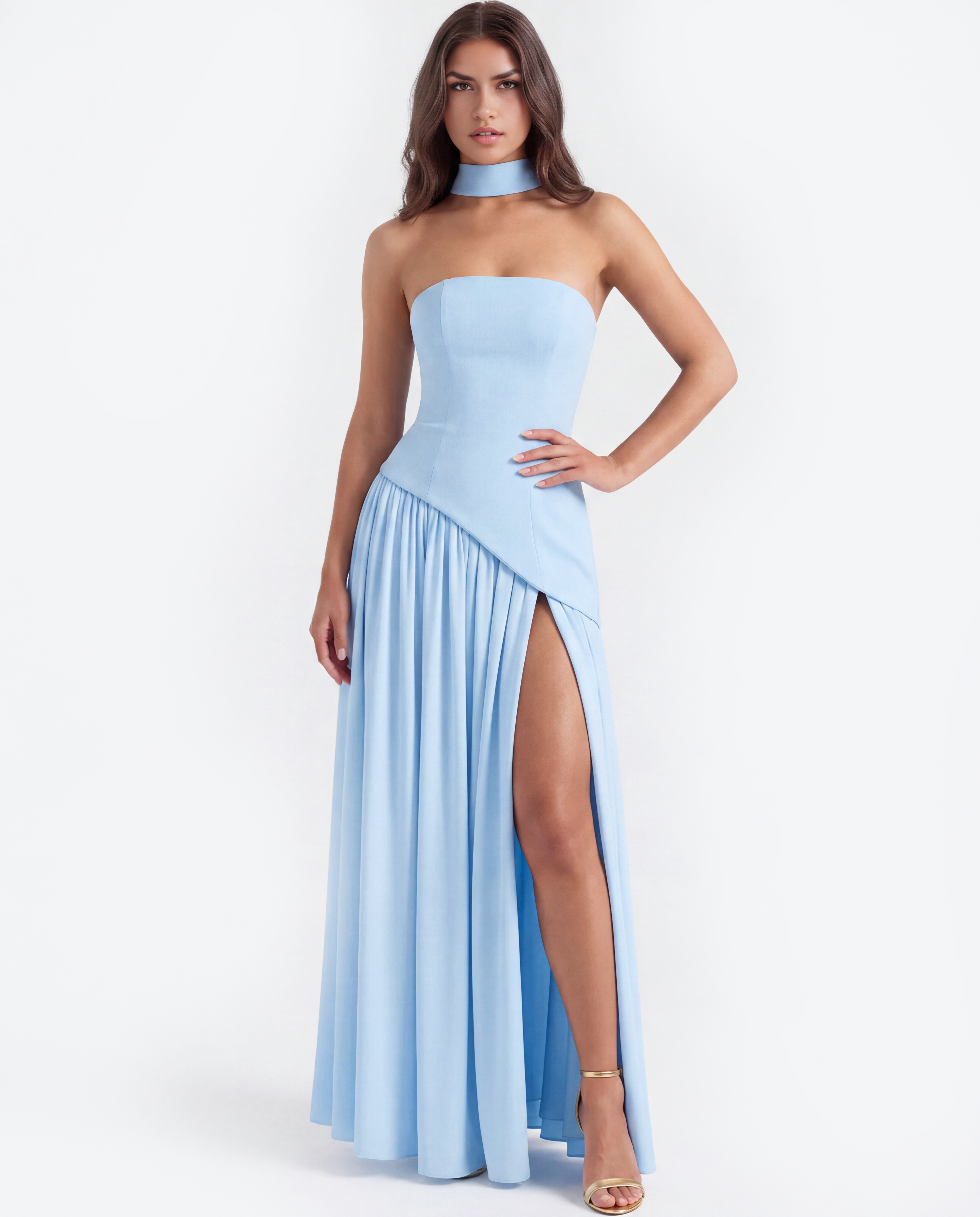 Serena Strapless Asymmetrical Maxi Wedding Guest Dress - Baby Blue
